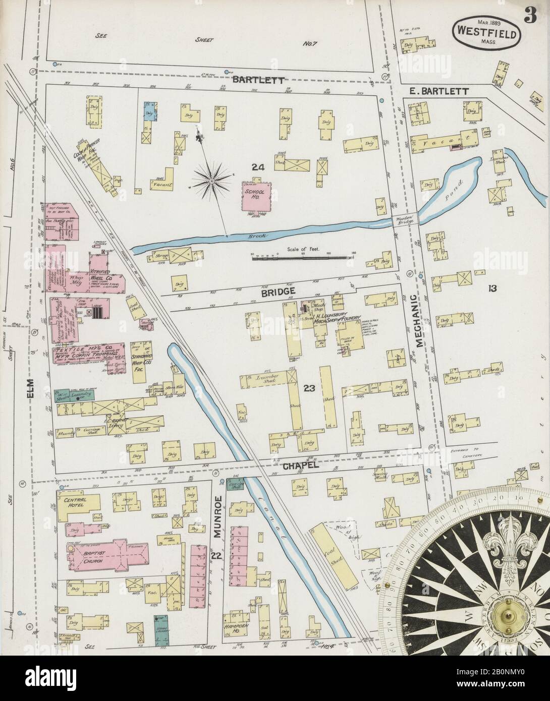 Bild 3 von Sanborn Fire Insurance Map aus Westfield, Hampden County, Massachusetts. März 1889. 11 Blatt(e), Amerika, Straßenkarte mit einem Kompass Aus Dem 19. Jahrhundert Stockfoto