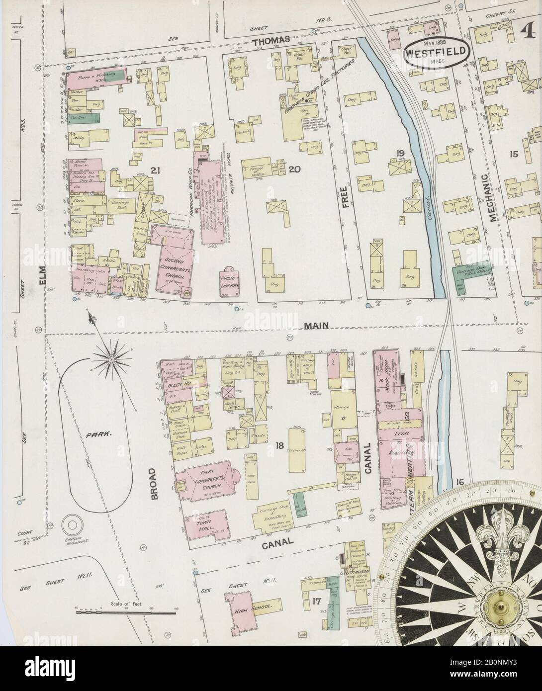 Bild 4 von Sanborn Fire Insurance Map aus Westfield, Hampden County, Massachusetts. März 1889. 11 Blatt(e), Amerika, Straßenkarte mit einem Kompass Aus Dem 19. Jahrhundert Stockfoto