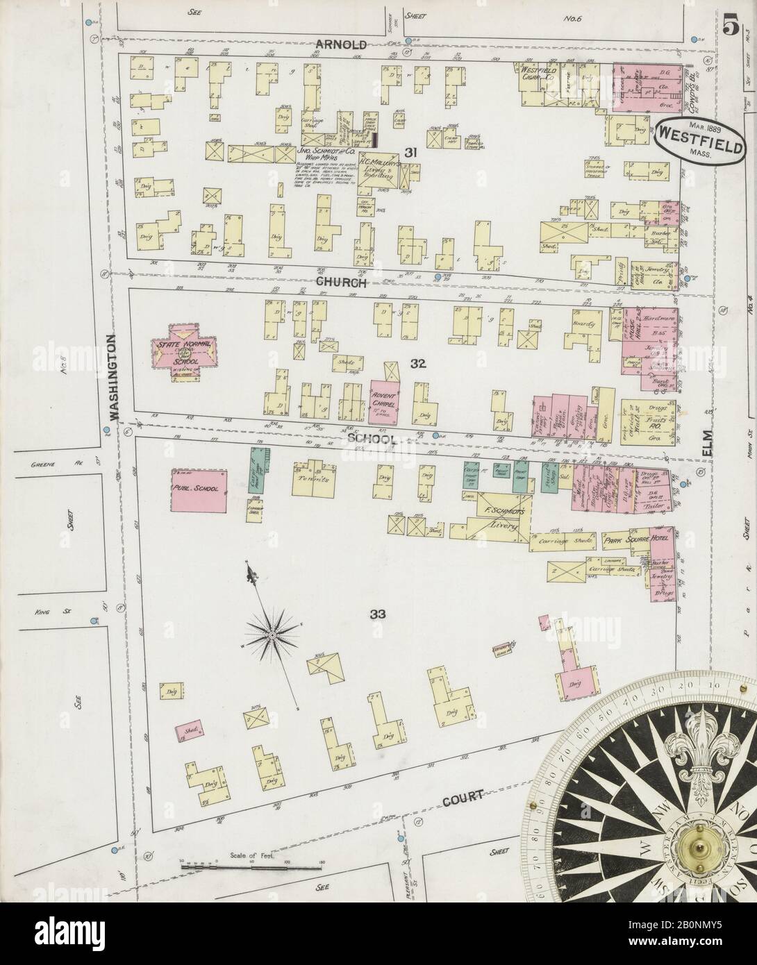 Bild 5 von Sanborn Fire Insurance Map aus Westfield, Hampden County, Massachusetts. März 1889. 11 Blatt(e), Amerika, Straßenkarte mit einem Kompass Aus Dem 19. Jahrhundert Stockfoto