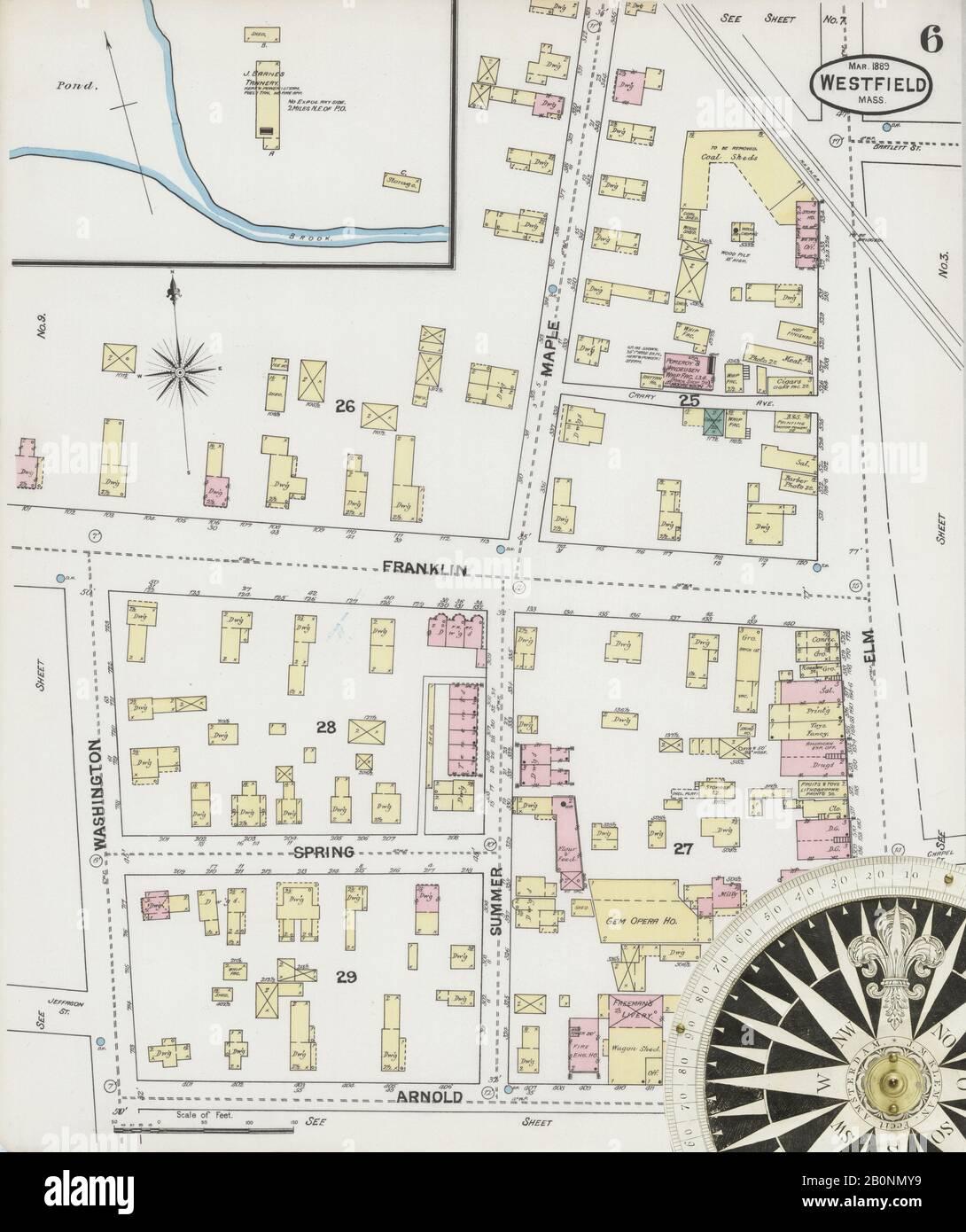 Bild 6 von Sanborn Fire Insurance Map aus Westfield, Hampden County, Massachusetts. März 1889. 11 Blatt(e), Amerika, Straßenkarte mit einem Kompass Aus Dem 19. Jahrhundert Stockfoto