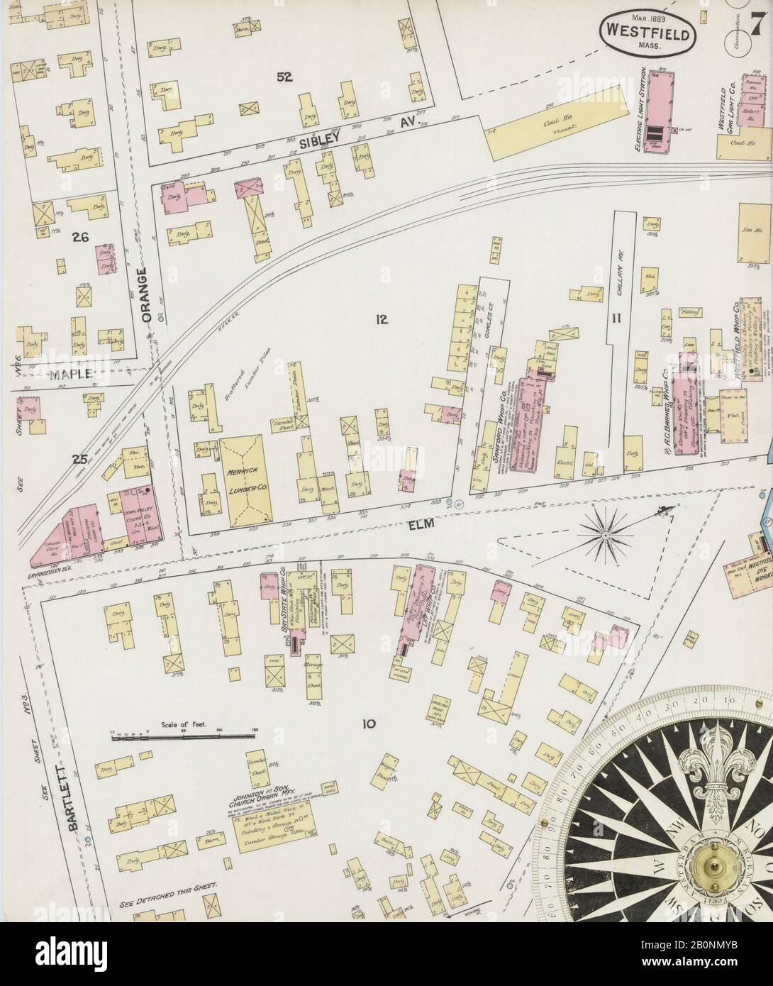 Bild 7 von Sanborn Fire Insurance Map aus Westfield, Hampden County, Massachusetts. März 1889. 11 Blatt(e), Amerika, Straßenkarte mit einem Kompass Aus Dem 19. Jahrhundert Stockfoto