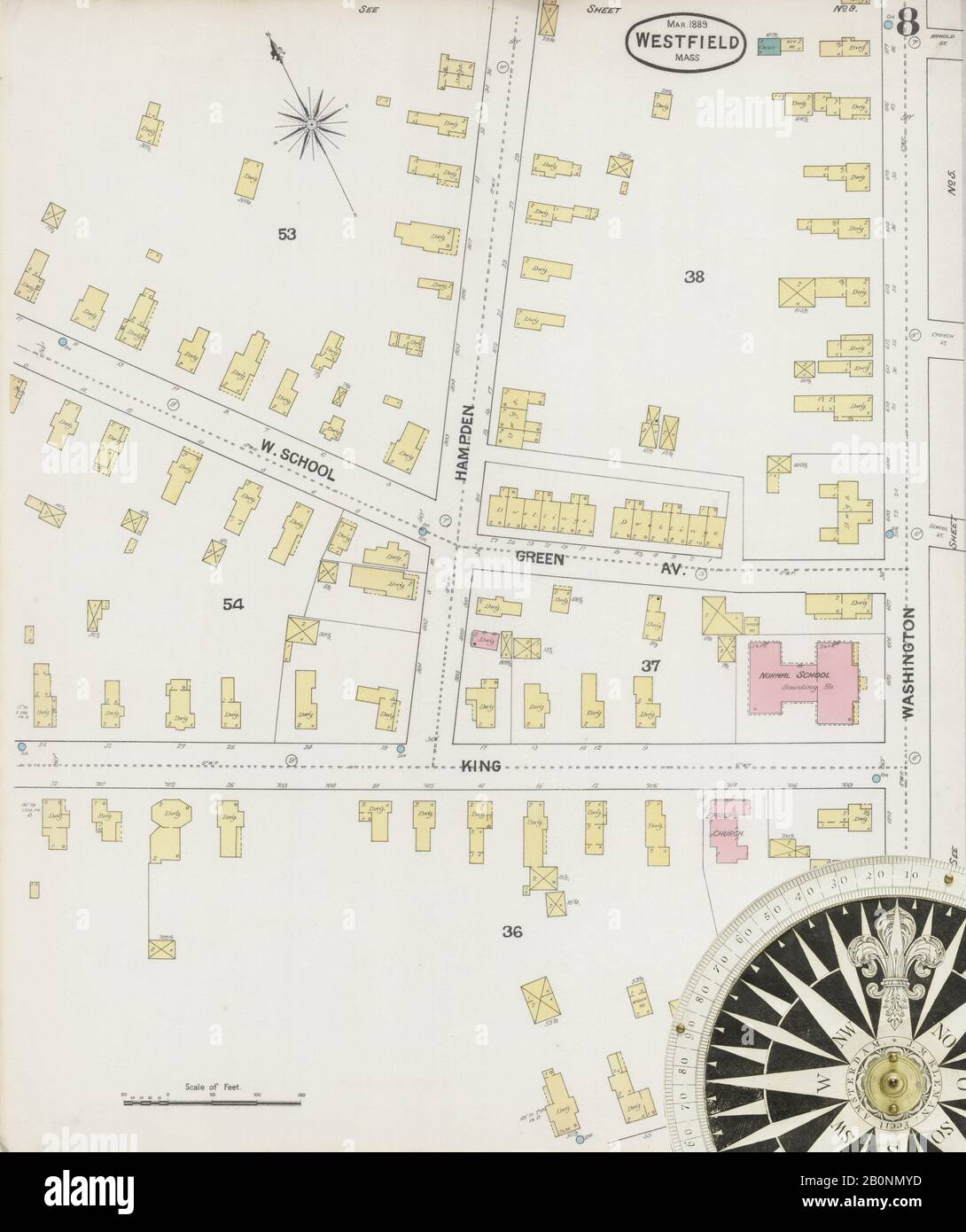 Bild 8 von Sanborn Fire Insurance Map aus Westfield, Hampden County, Massachusetts. März 1889. 11 Blatt(e), Amerika, Straßenkarte mit einem Kompass Aus Dem 19. Jahrhundert Stockfoto