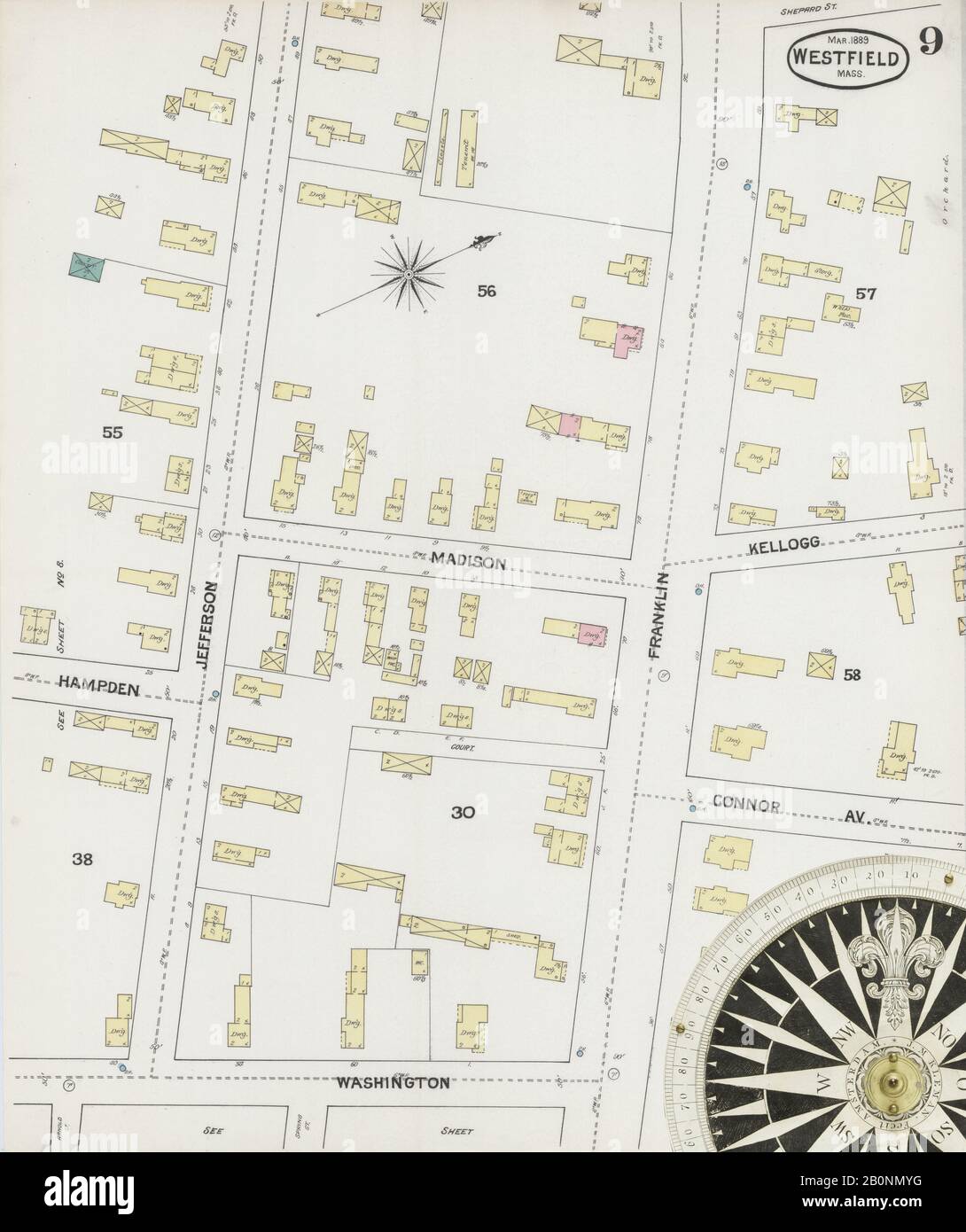 Bild 9 von Sanborn Fire Insurance Map aus Westfield, Hampden County, Massachusetts. März 1889. 11 Blatt(e), Amerika, Straßenkarte mit einem Kompass Aus Dem 19. Jahrhundert Stockfoto