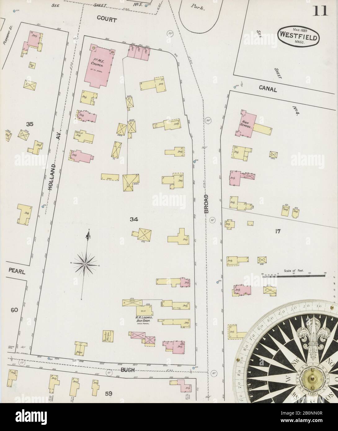 Bild 11 von Sanborn Fire Insurance Map aus Westfield, Hampden County, Massachusetts. März 1889. 11 Blatt(e), Amerika, Straßenkarte mit einem Kompass Aus Dem 19. Jahrhundert Stockfoto