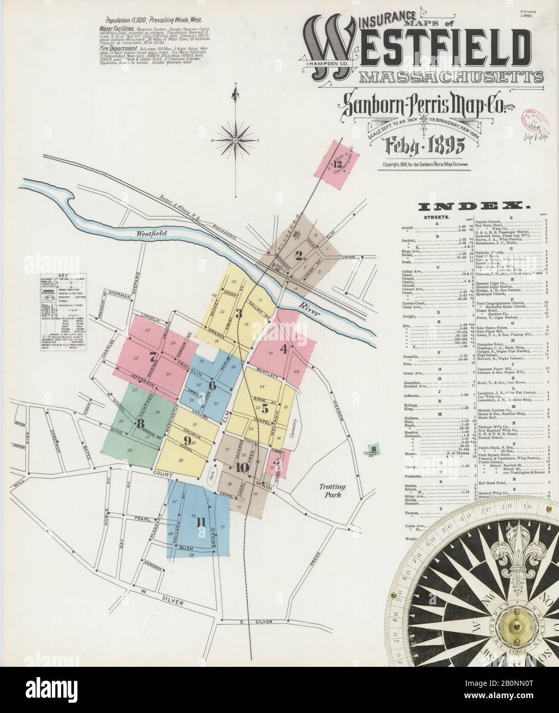 Bild 1 von Sanborn Fire Insurance Map aus Westfield, Hampden County, Massachusetts. Feb. 12 Blatt(e), Amerika, Straßenkarte mit einem Kompass Aus Dem 19. Jahrhundert Stockfoto
