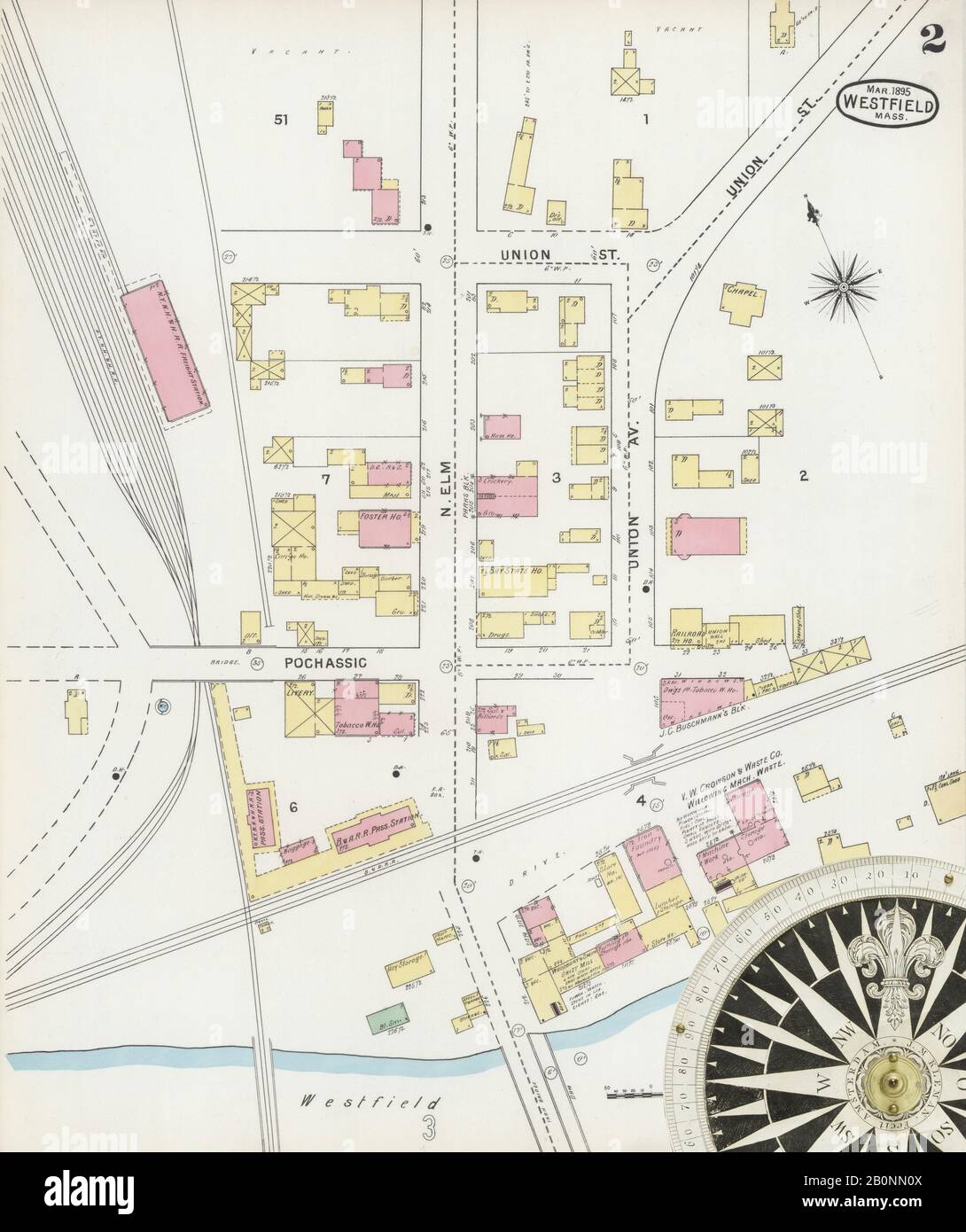 Bild 2 von Sanborn Fire Insurance Map aus Westfield, Hampden County, Massachusetts. Feb. 12 Blatt(e), Amerika, Straßenkarte mit einem Kompass Aus Dem 19. Jahrhundert Stockfoto