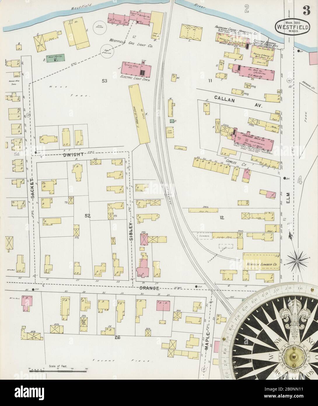 Bild 3 von Sanborn Fire Insurance Map aus Westfield, Hampden County, Massachusetts. Feb. 12 Blatt(e), Amerika, Straßenkarte mit einem Kompass Aus Dem 19. Jahrhundert Stockfoto