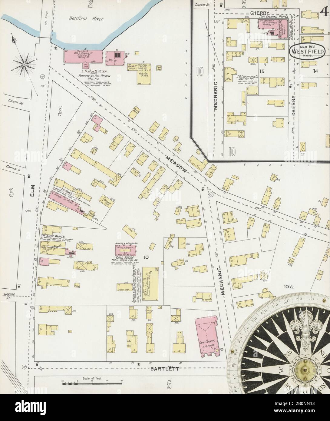 Bild 4 von Sanborn Fire Insurance Map aus Westfield, Hampden County, Massachusetts. Feb. 12 Blatt(e), Amerika, Straßenkarte mit einem Kompass Aus Dem 19. Jahrhundert Stockfoto