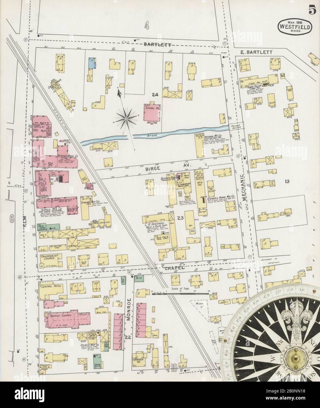 Bild 5 von Sanborn Fire Insurance Map aus Westfield, Hampden County, Massachusetts. Feb. 12 Blatt(e), Amerika, Straßenkarte mit einem Kompass Aus Dem 19. Jahrhundert Stockfoto