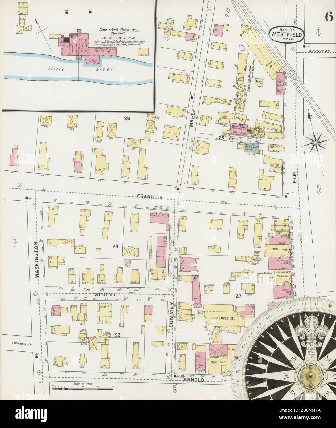 Bild 6 von Sanborn Fire Insurance Map aus Westfield, Hampden County, Massachusetts. Feb. 12 Blatt(e), Amerika, Straßenkarte mit einem Kompass Aus Dem 19. Jahrhundert Stockfoto