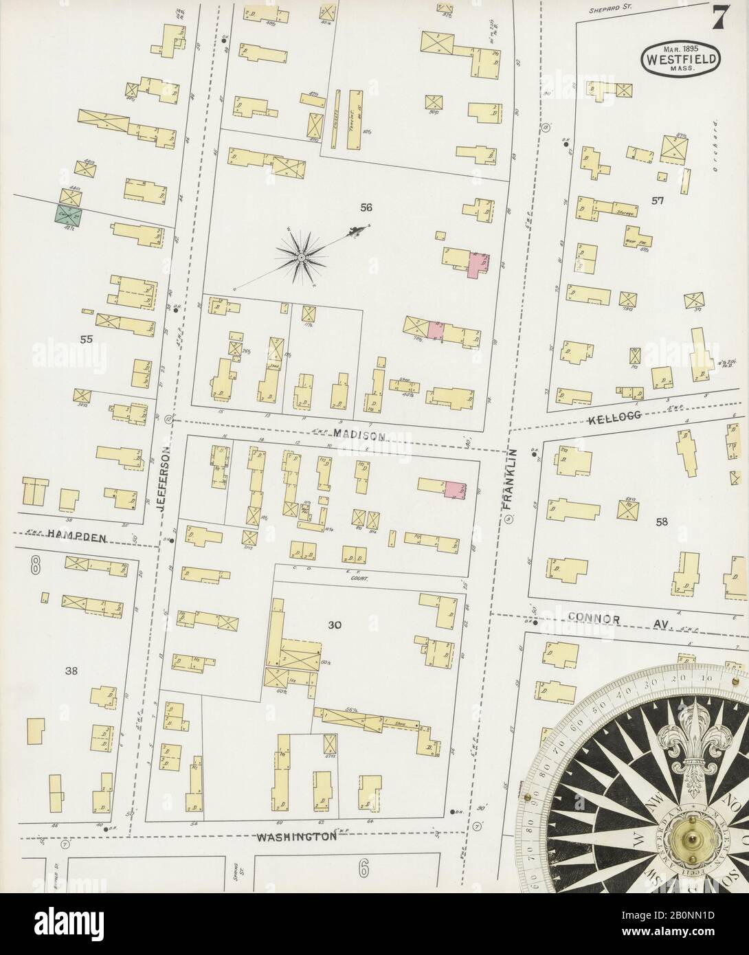 Bild 7 von Sanborn Fire Insurance Map aus Westfield, Hampden County, Massachusetts. Feb. 12 Blatt(e), Amerika, Straßenkarte mit einem Kompass Aus Dem 19. Jahrhundert Stockfoto