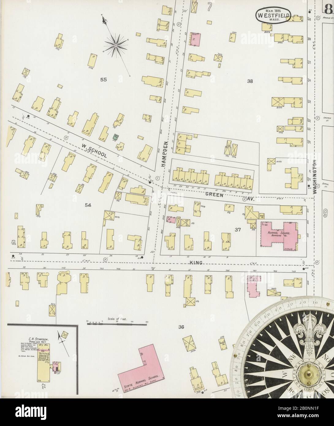 Bild 8 von Sanborn Fire Insurance Map aus Westfield, Hampden County, Massachusetts. Feb. 12 Blatt(e), Amerika, Straßenkarte mit einem Kompass Aus Dem 19. Jahrhundert Stockfoto