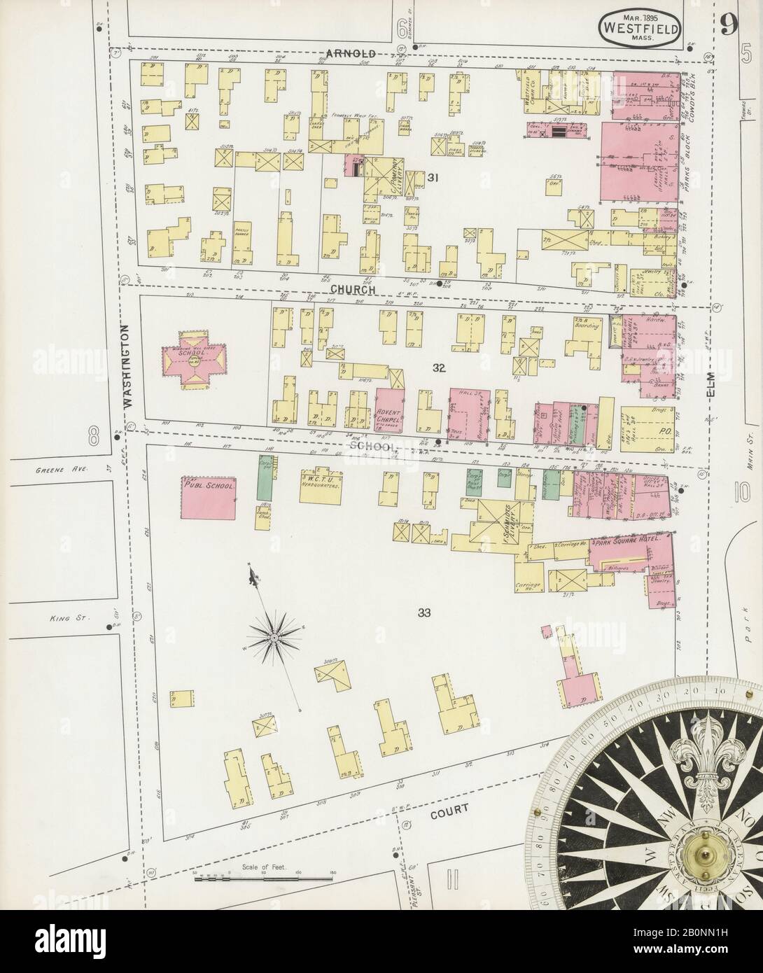 Bild 9 von Sanborn Fire Insurance Map aus Westfield, Hampden County, Massachusetts. Feb. 12 Blatt(e), Amerika, Straßenkarte mit einem Kompass Aus Dem 19. Jahrhundert Stockfoto