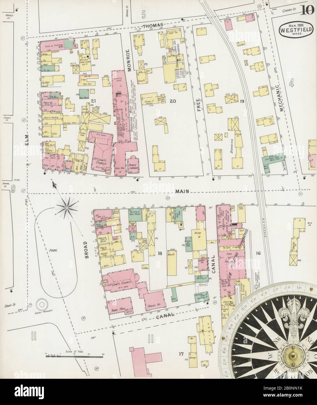 Bild 10 von Sanborn Fire Insurance Map aus Westfield, Hampden County, Massachusetts. Feb. 12 Blatt(e), Amerika, Straßenkarte mit einem Kompass Aus Dem 19. Jahrhundert Stockfoto