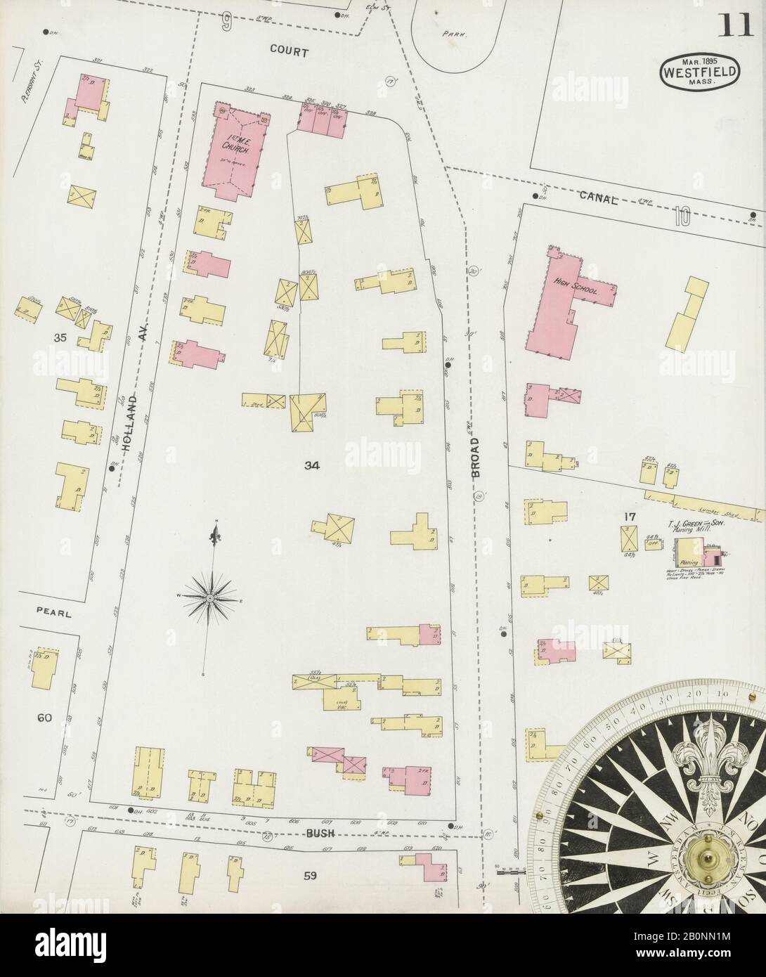 Bild 11 von Sanborn Fire Insurance Map aus Westfield, Hampden County, Massachusetts. Feb. 12 Blatt(e), Amerika, Straßenkarte mit einem Kompass Aus Dem 19. Jahrhundert Stockfoto