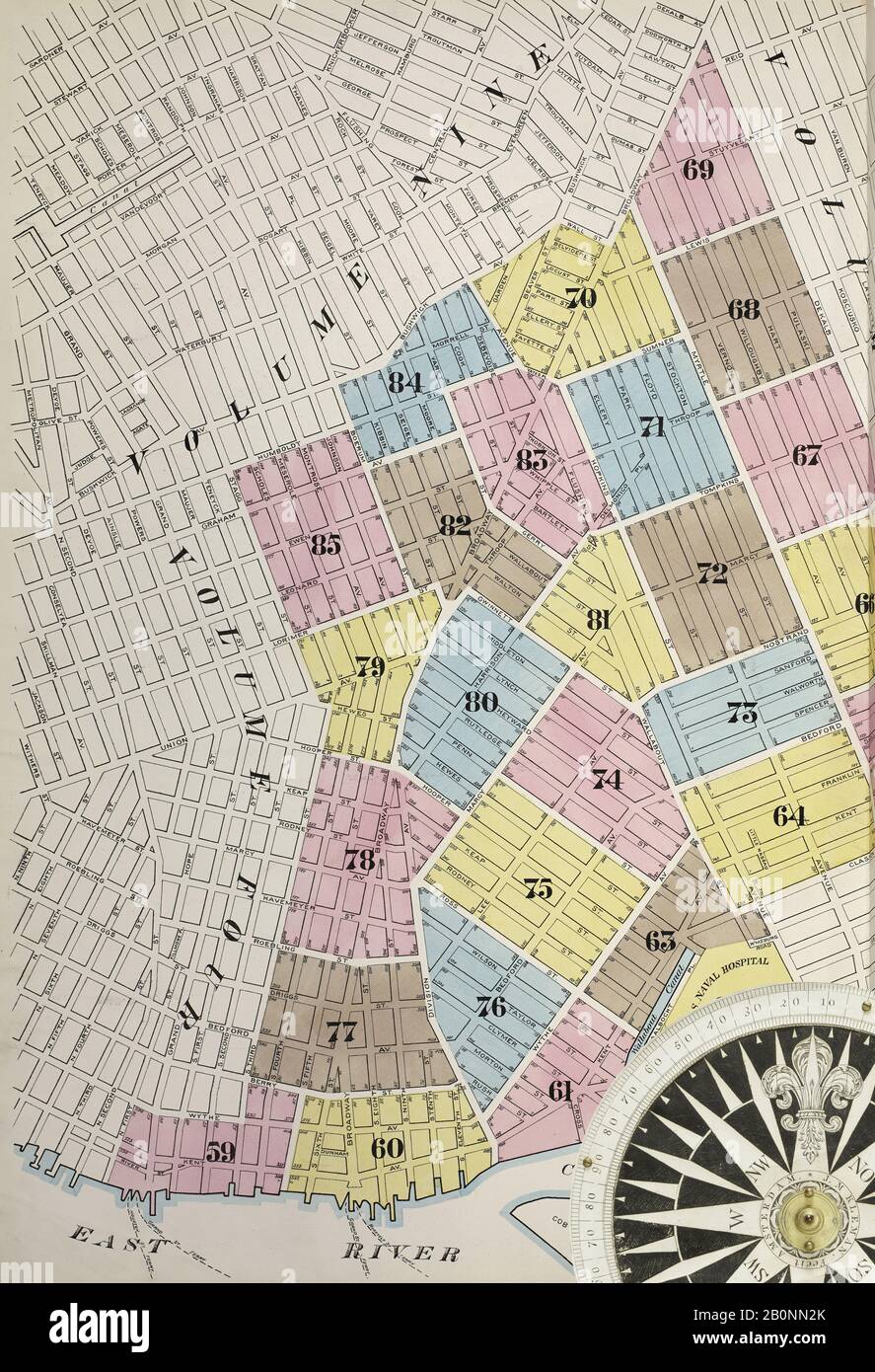 Bild 1 von Sanborn Fire Insurance Map aus Brooklyn, Kings County, New York. 1886-1888-3, 1883Bd. 57 Blatt(e). Doppeltgepappte Platten mit der Nummer 59-85. Bound, Amerika, Straßenkarte mit einem Kompass Aus Dem 19. Jahrhundert Stockfoto