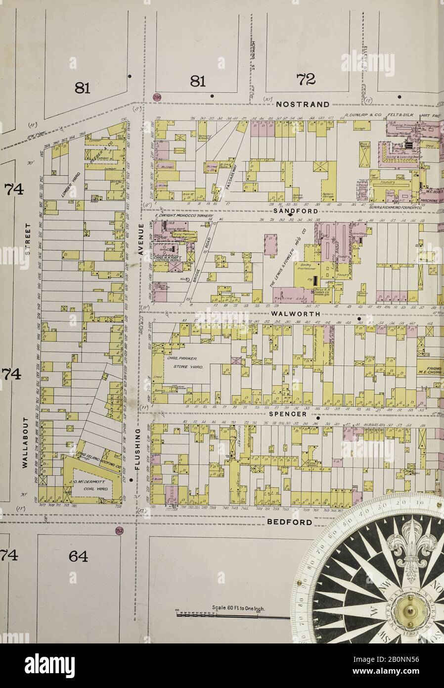 Bild 31 von Sanborn Fire Insurance Map aus Brooklyn, Kings County, New York. 1886-1888-3, 1883Bd. 57 Blatt(e). Doppeltgepappte Platten mit der Nummer 59-85. Bound, Amerika, Straßenkarte mit einem Kompass Aus Dem 19. Jahrhundert Stockfoto