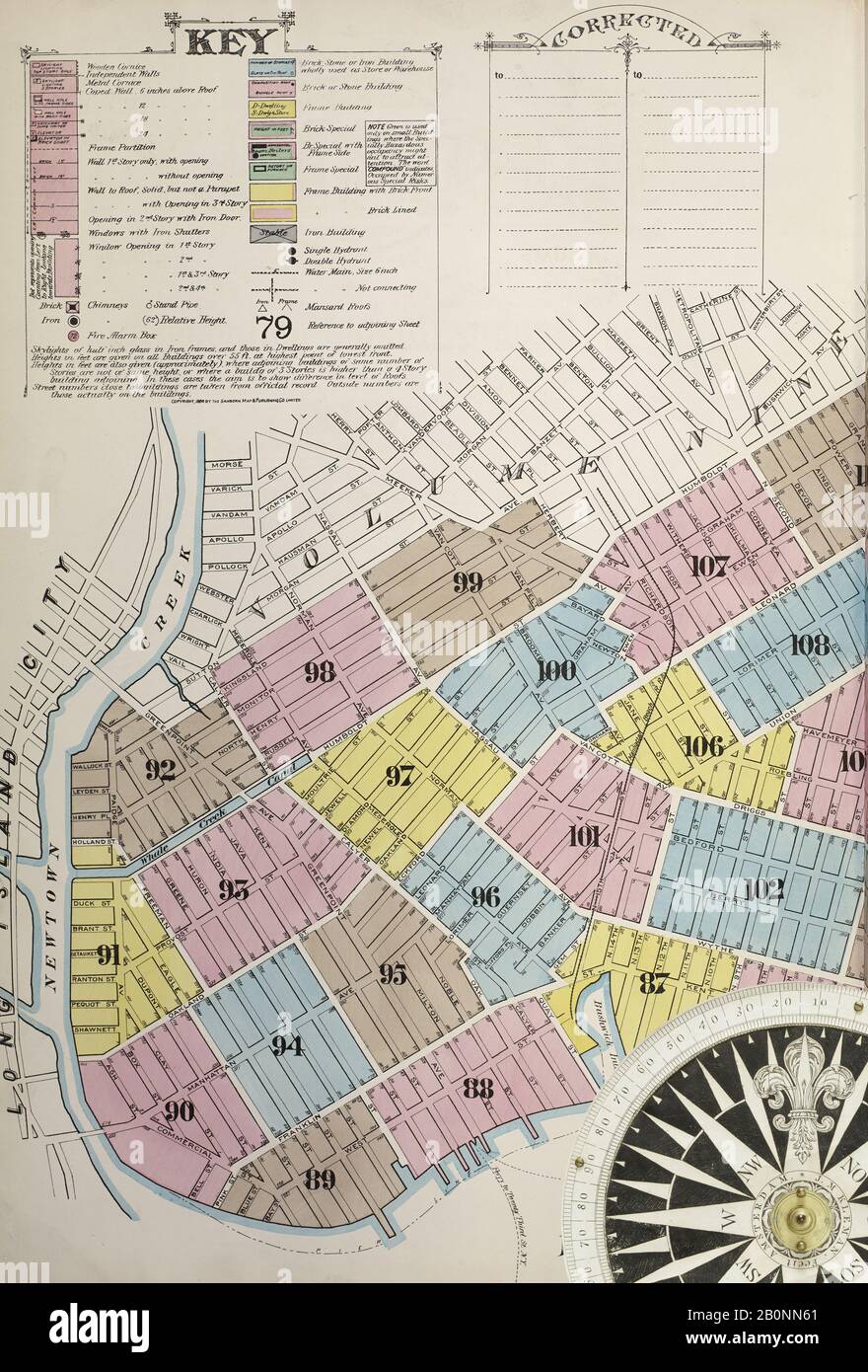 Bild 1 von Sanborn Fire Insurance Map aus Brooklyn, Kings County, New York. 1886-1888-3, 4., 1887. 53 Blatt(e). Doppelgepappte Platten mit der Nummer 86-110. Bound, Amerika, Straßenkarte mit einem Kompass Aus Dem 19. Jahrhundert Stockfoto