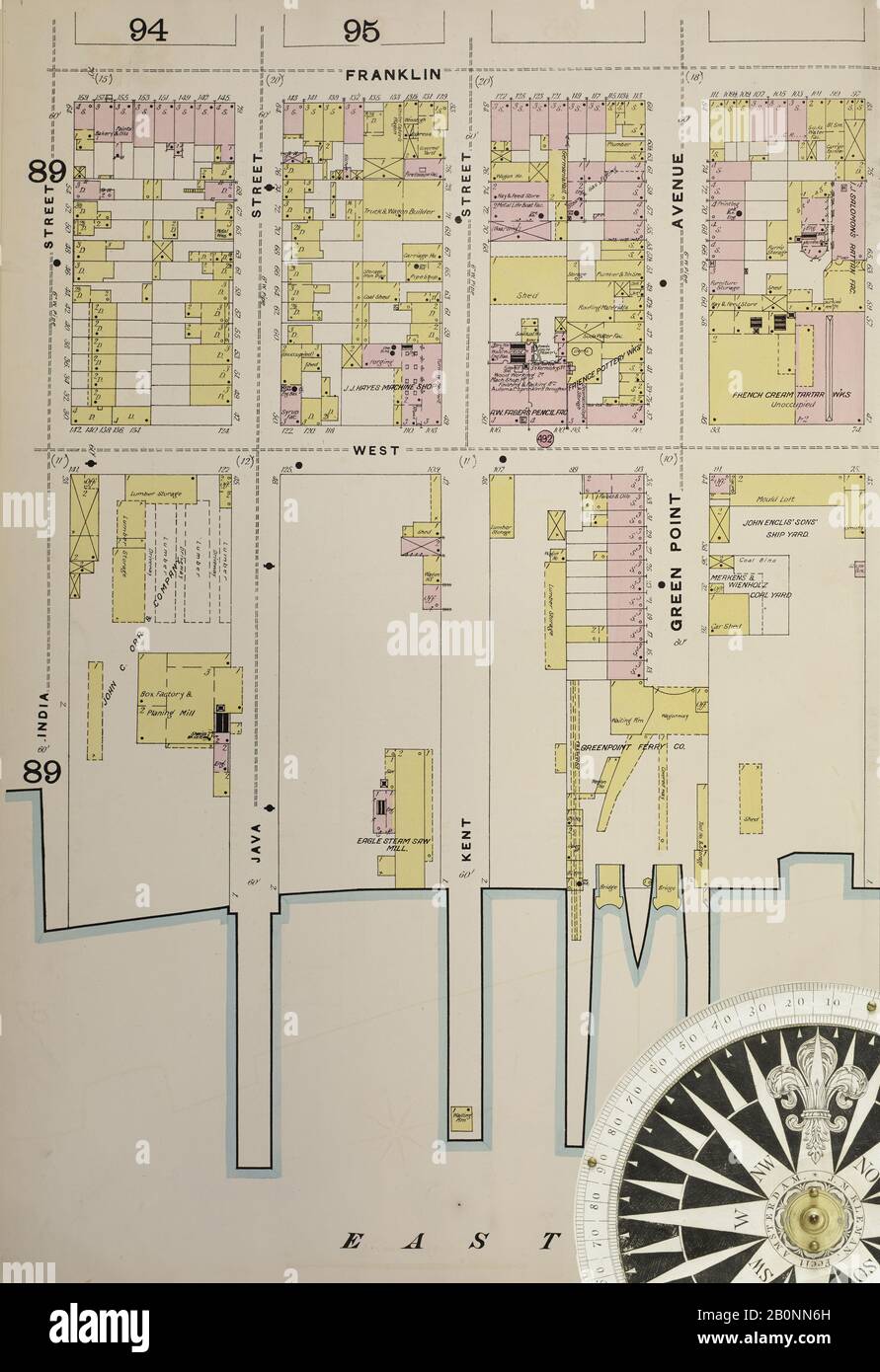 Bild 7 von Sanborn Fire Insurance Map aus Brooklyn, Kings County, New York. 1886-1888-3, 4., 1887. 53 Blatt(e). Doppelgepappte Platten mit der Nummer 86-110. Bound, Amerika, Straßenkarte mit einem Kompass Aus Dem 19. Jahrhundert Stockfoto
