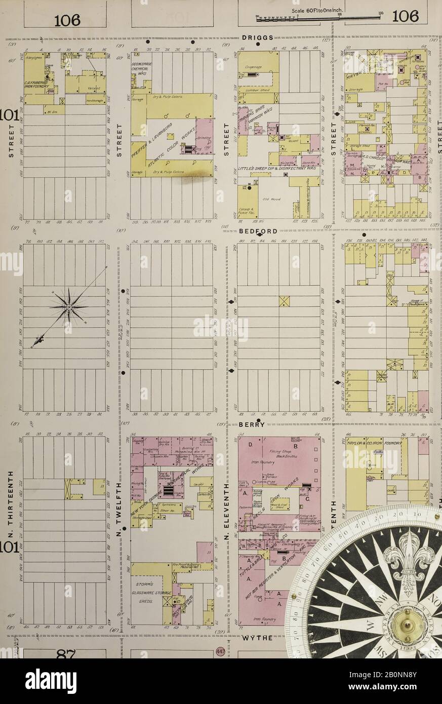 Bild 35 von Sanborn Fire Insurance Map aus Brooklyn, Kings County, New York. 1886-1888-3, 4., 1887. 53 Blatt(e). Doppelgepappte Platten mit der Nummer 86-110. Bound, Amerika, Straßenkarte mit einem Kompass Aus Dem 19. Jahrhundert Stockfoto