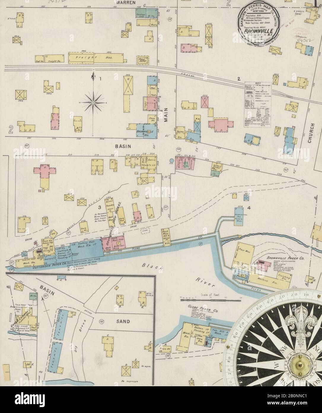 Bild 1 von Sanborn Fire Insurance Map aus Brownville, Jefferson County, New York. Sep. 1 Blatt(e), Amerika, Straßenkarte mit einem Kompass Aus Dem 19. Jahrhundert Stockfoto