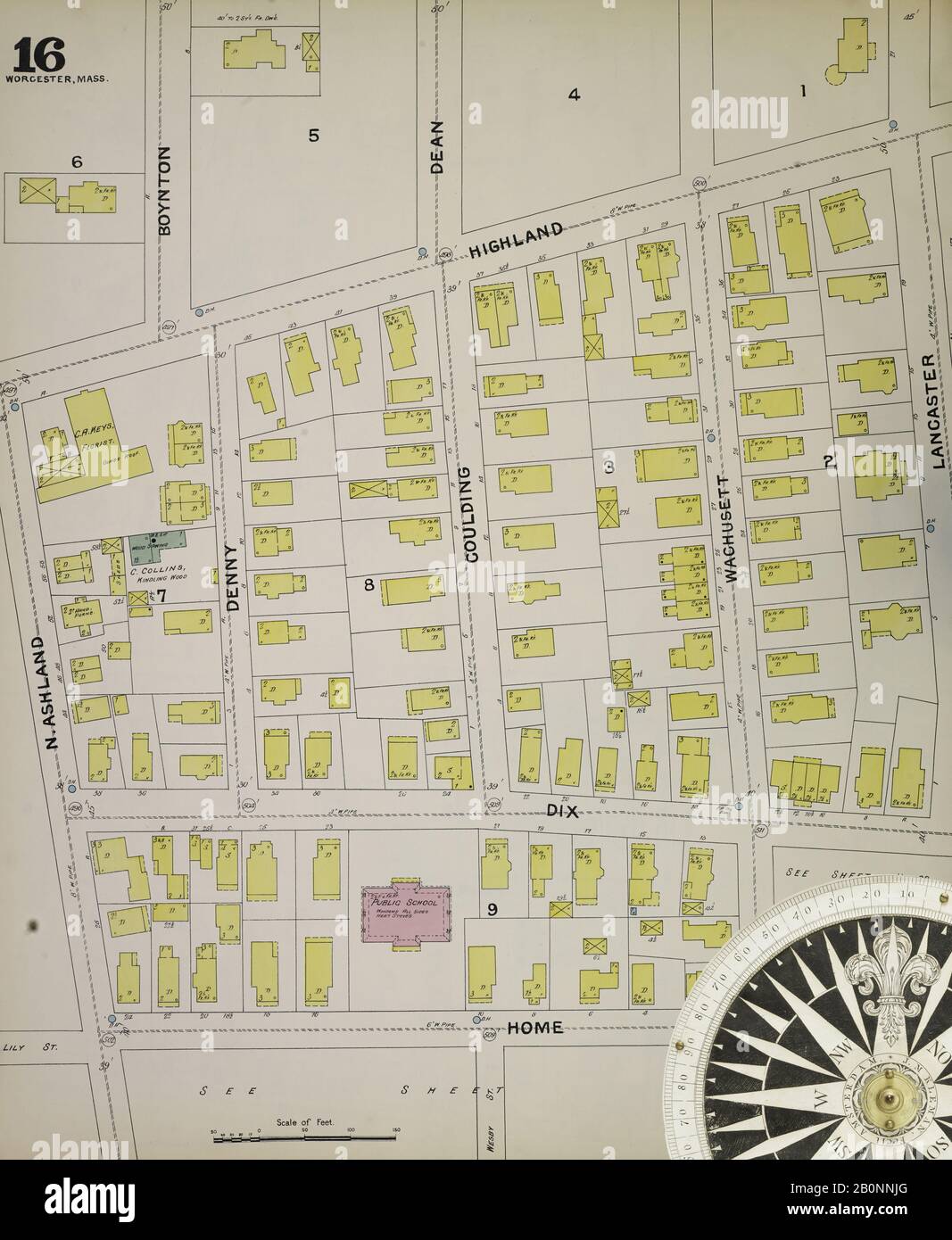 Bild 16 von Sanborn Fire Insurance Map aus Worcester, Worcester County, Massachusetts. 1892. 120 Blatt(e). 4 Skelettkarten. Bound, Amerika, Straßenkarte mit einem Kompass Aus Dem 19. Jahrhundert Stockfoto