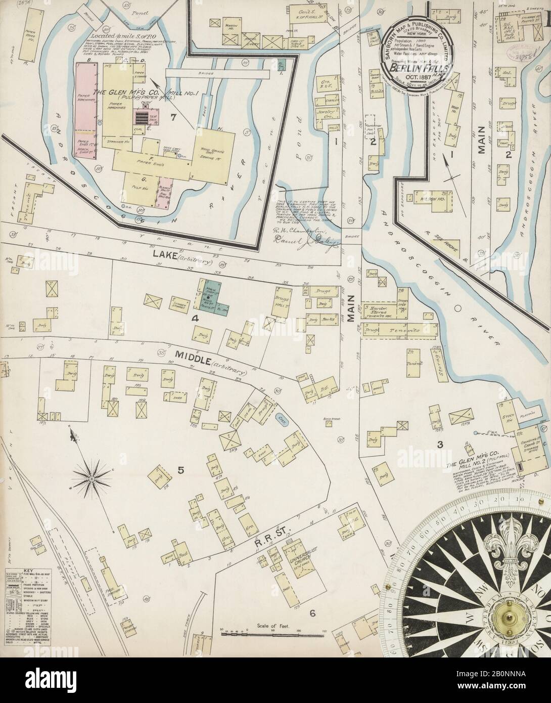 Bild 1 von Sanborn Fire Insurance Map aus Berlin, Coos County, New Hampshire. Oktober 1887. 2 Blatt(e). Mit Dem Titel Berlin Falls, America, Straßenkarte mit einem Kompass Aus Dem 19. Jahrhundert Stockfoto