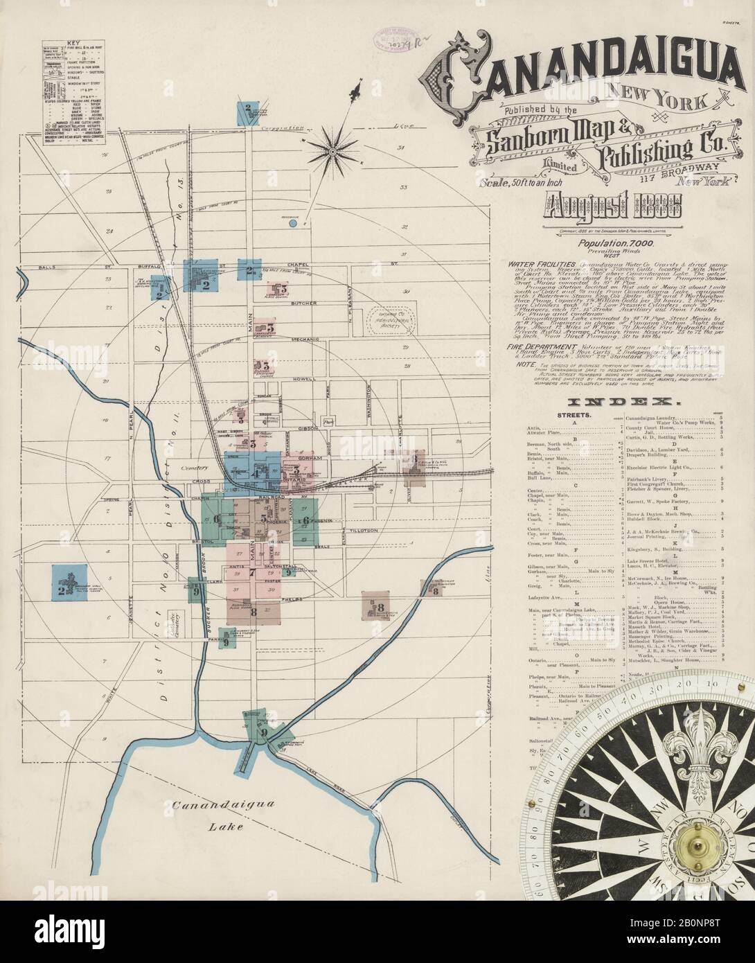Bild 1 von Sanborn Fire Insurance Map aus Canandaigua, Ontario County, New York. August 1886. 9 Blatt(e), Amerika, Straßenkarte mit einem Kompass Aus Dem 19. Jahrhundert Stockfoto