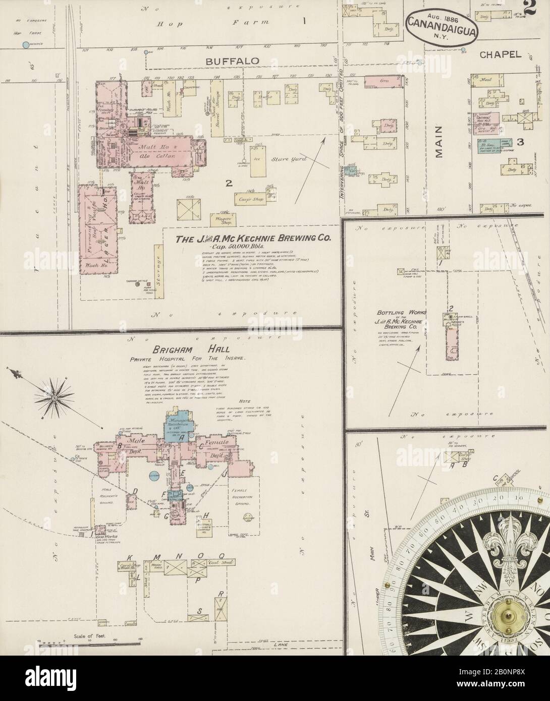 Bild 2 von Sanborn Fire Insurance Map aus Canandaigua, Ontario County, New York. August 1886. 9 Blatt(e), Amerika, Straßenkarte mit einem Kompass Aus Dem 19. Jahrhundert Stockfoto