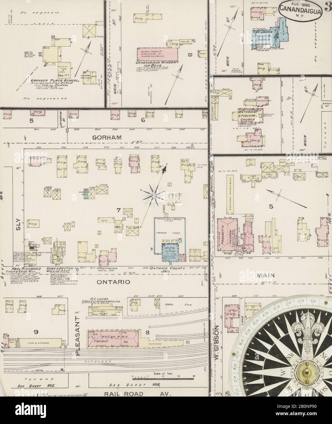 Bild 3 von Sanborn Fire Insurance Map aus Canandaigua, Ontario County, New York. August 1886. 9 Blatt(e), Amerika, Straßenkarte mit einem Kompass Aus Dem 19. Jahrhundert Stockfoto