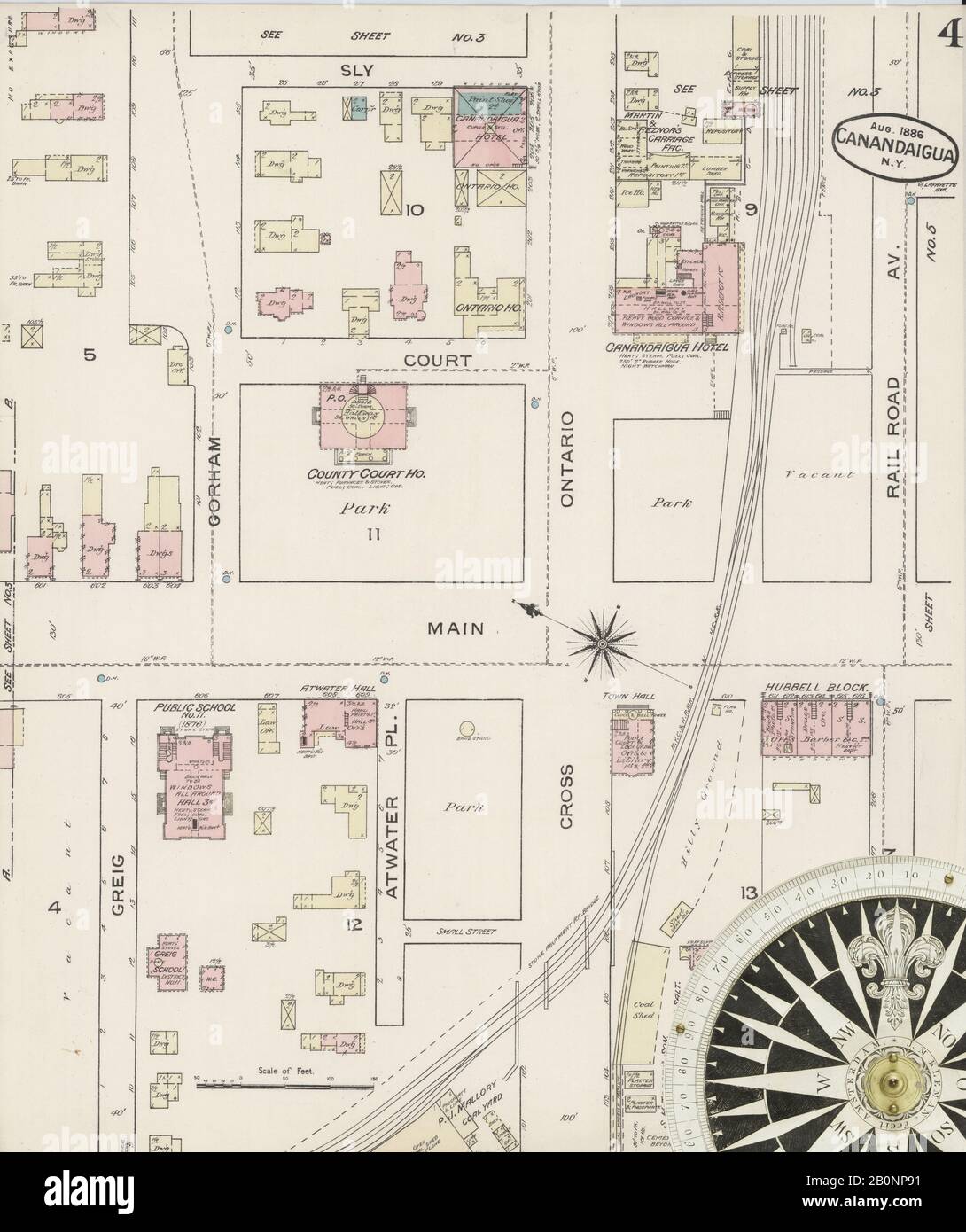 Bild 4 von Sanborn Fire Insurance Map aus Canandaigua, Ontario County, New York. August 1886. 9 Blatt(e), Amerika, Straßenkarte mit einem Kompass Aus Dem 19. Jahrhundert Stockfoto