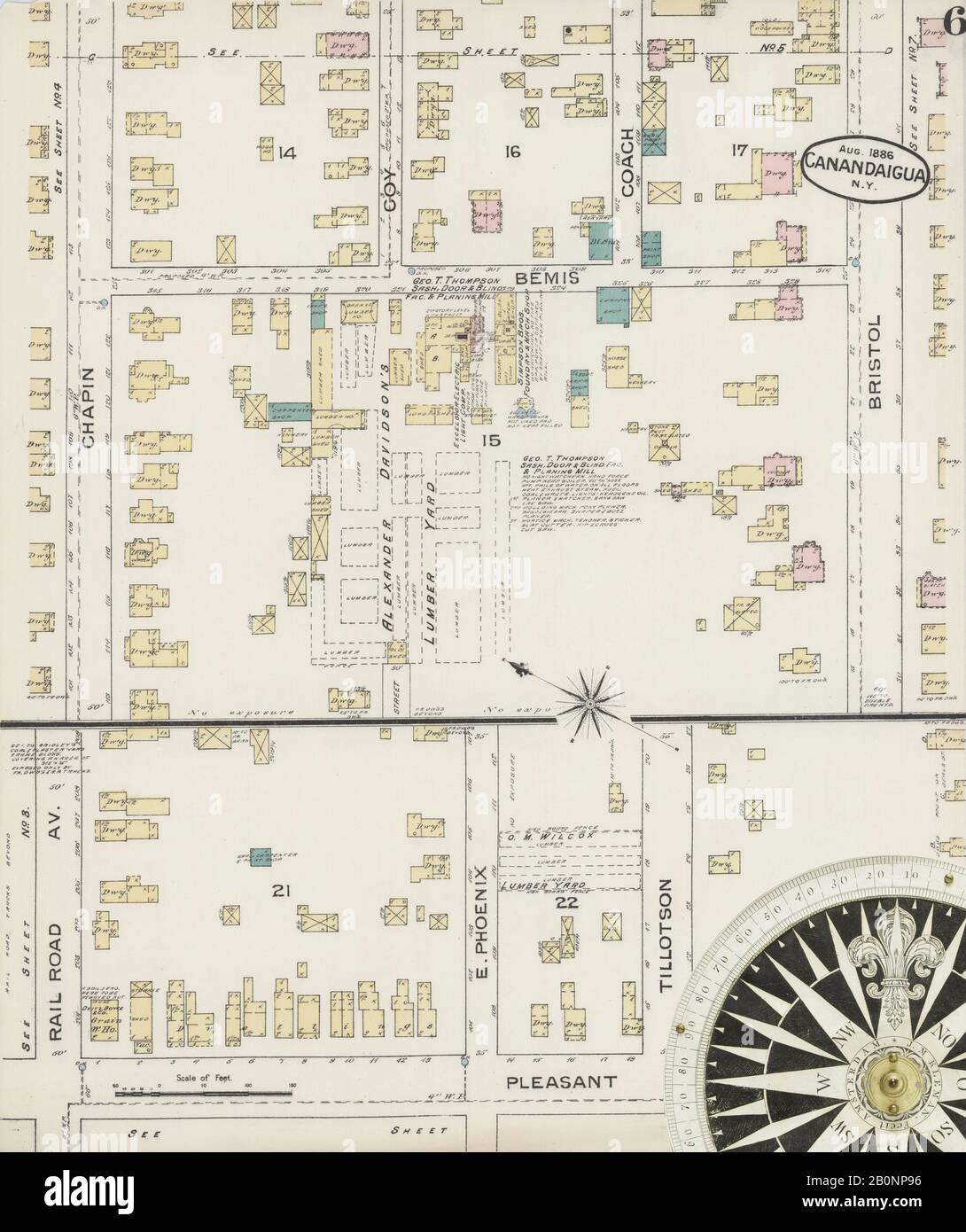 Bild 6 von Sanborn Fire Insurance Map aus Canandaigua, Ontario County, New York. August 1886. 9 Blatt(e), Amerika, Straßenkarte mit einem Kompass Aus Dem 19. Jahrhundert Stockfoto