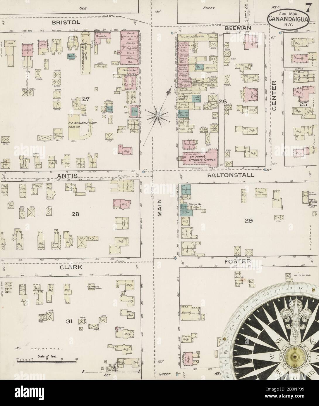 Bild 7 von Sanborn Fire Insurance Map aus Canandaigua, Ontario County, New York. August 1886. 9 Blatt(e), Amerika, Straßenkarte mit einem Kompass Aus Dem 19. Jahrhundert Stockfoto