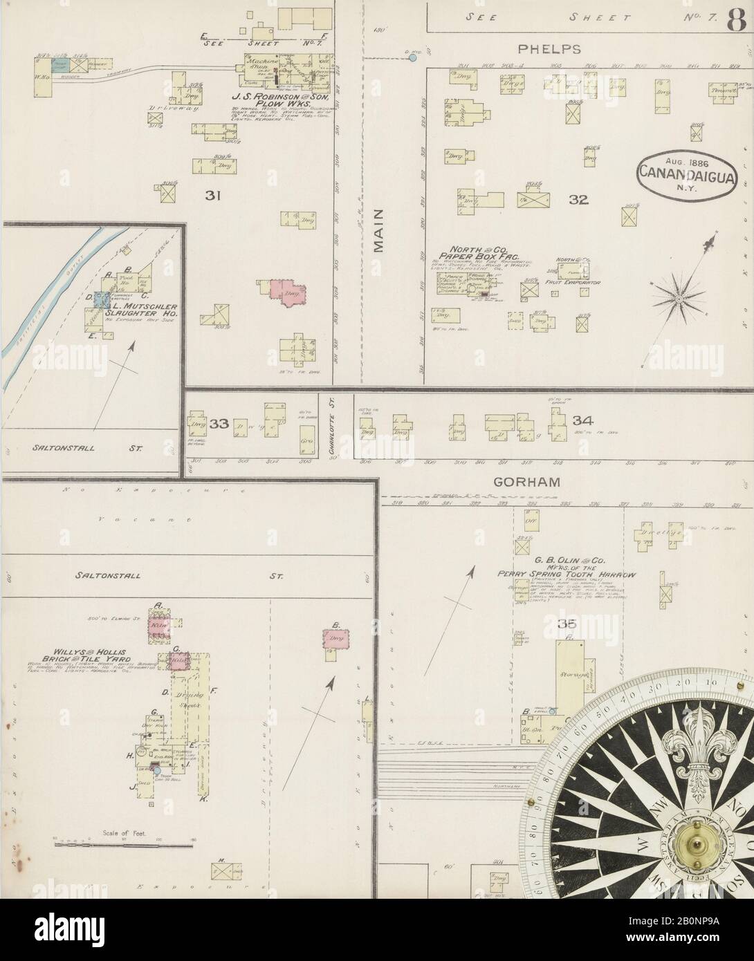 Bild 8 von Sanborn Fire Insurance Map aus Canandaigua, Ontario County, New York. August 1886. 9 Blatt(e), Amerika, Straßenkarte mit einem Kompass Aus Dem 19. Jahrhundert Stockfoto