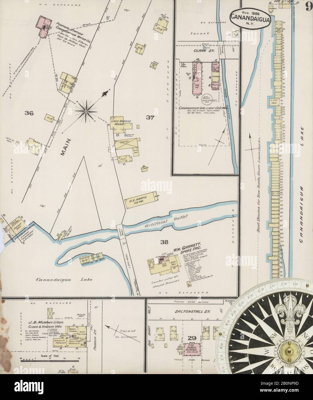 Bild 9 von Sanborn Fire Insurance Map aus Canandaigua, Ontario County, New York. August 1886. 9 Blatt(e), Amerika, Straßenkarte mit einem Kompass Aus Dem 19. Jahrhundert Stockfoto