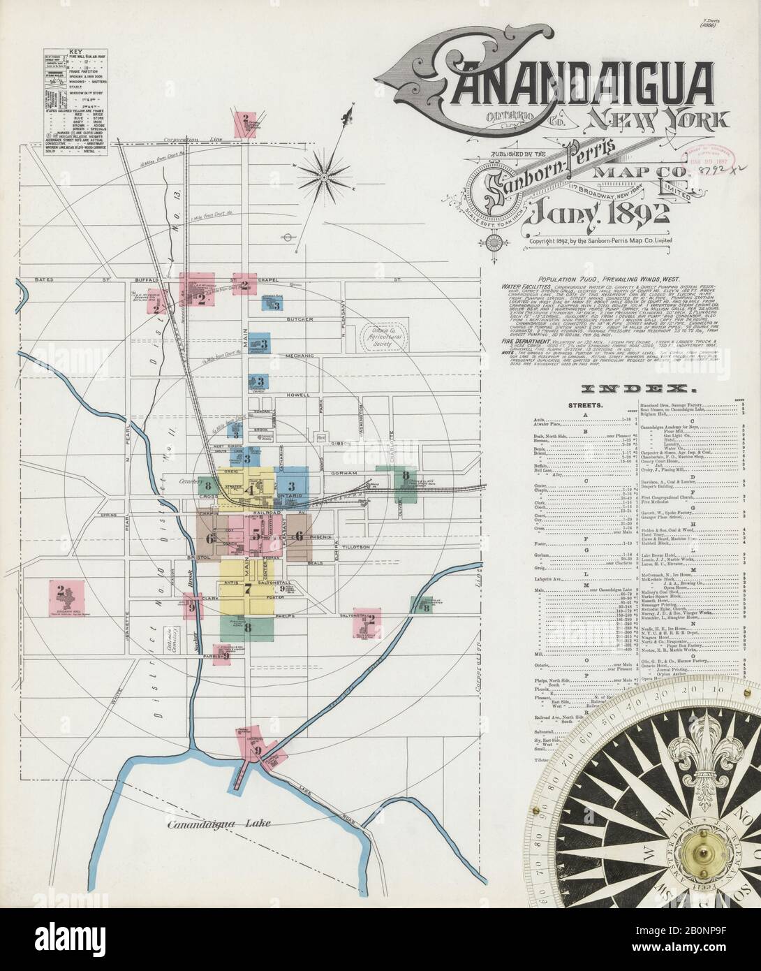 Bild 1 von Sanborn Fire Insurance Map aus Canandaigua, Ontario County, New York. Januar 1892. 9 Blatt(e), Amerika, Straßenkarte mit einem Kompass Aus Dem 19. Jahrhundert Stockfoto