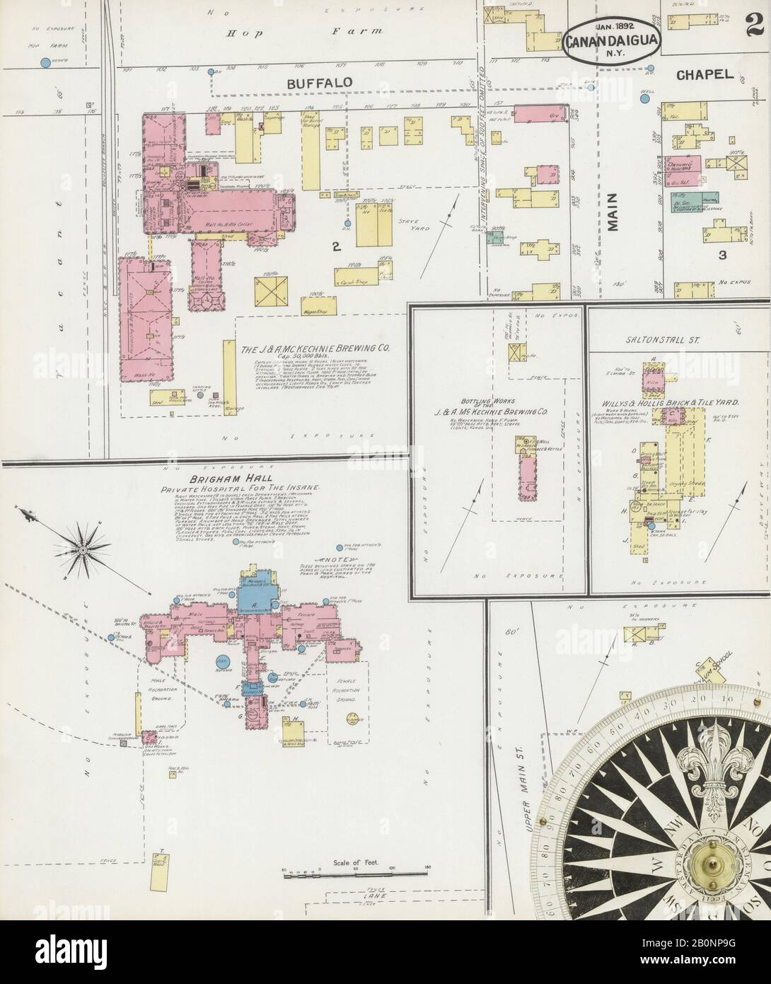 Bild 2 von Sanborn Fire Insurance Map aus Canandaigua, Ontario County, New York. Januar 1892. 9 Blatt(e), Amerika, Straßenkarte mit einem Kompass Aus Dem 19. Jahrhundert Stockfoto