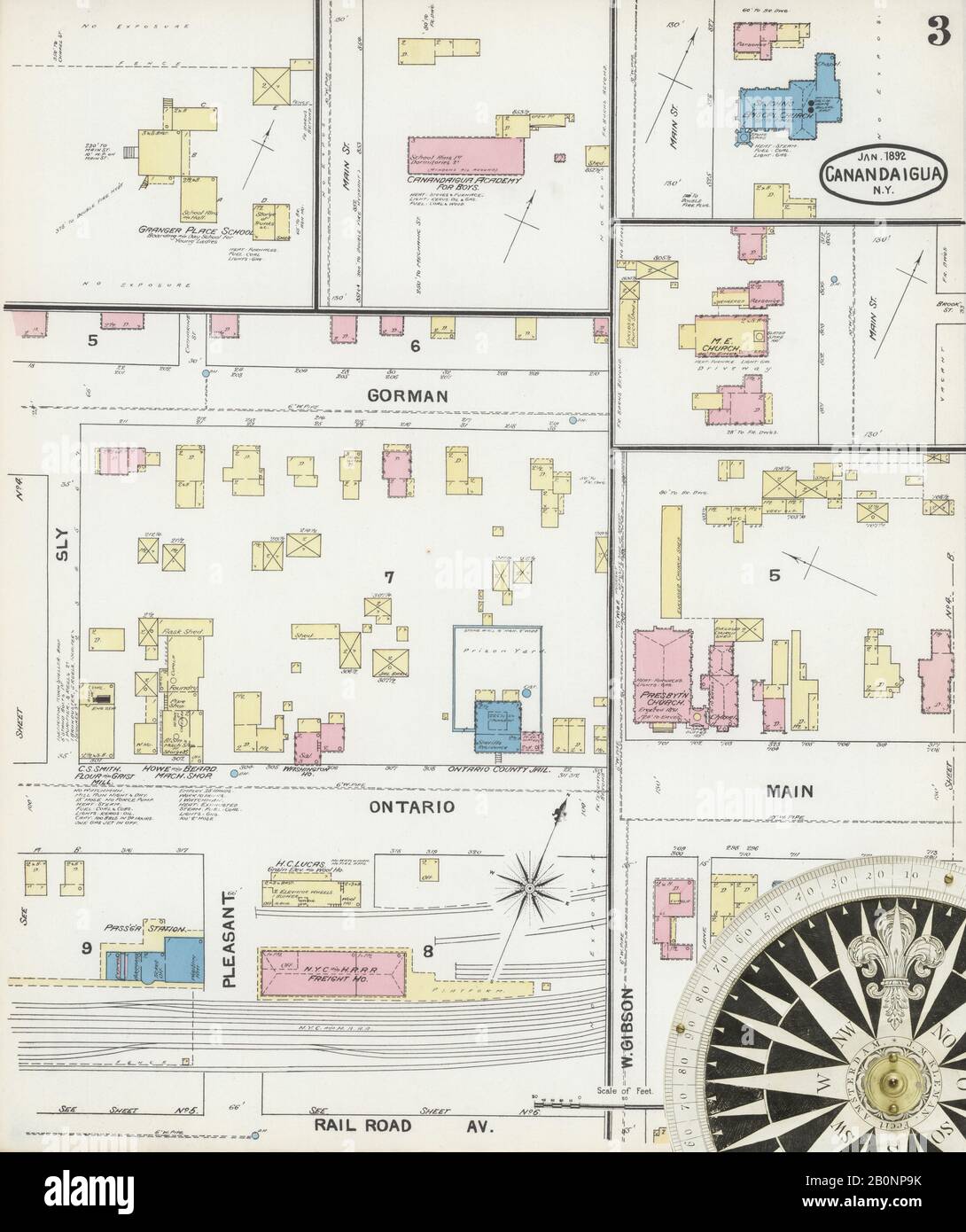 Bild 3 von Sanborn Fire Insurance Map aus Canandaigua, Ontario County, New York. Januar 1892. 9 Blatt(e), Amerika, Straßenkarte mit einem Kompass Aus Dem 19. Jahrhundert Stockfoto