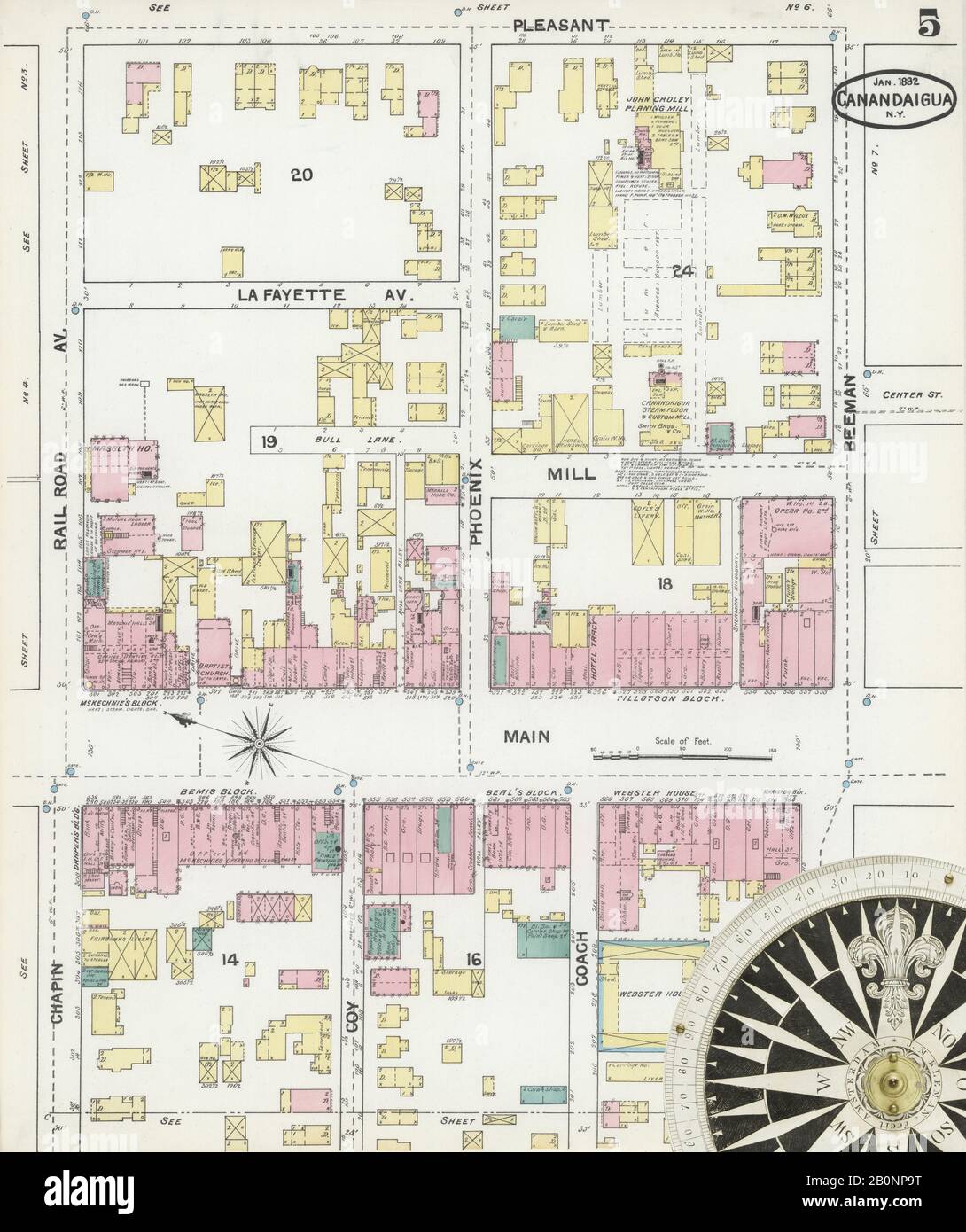 Bild 5 von Sanborn Fire Insurance Map aus Canandaigua, Ontario County, New York. Januar 1892. 9 Blatt(e), Amerika, Straßenkarte mit einem Kompass Aus Dem 19. Jahrhundert Stockfoto