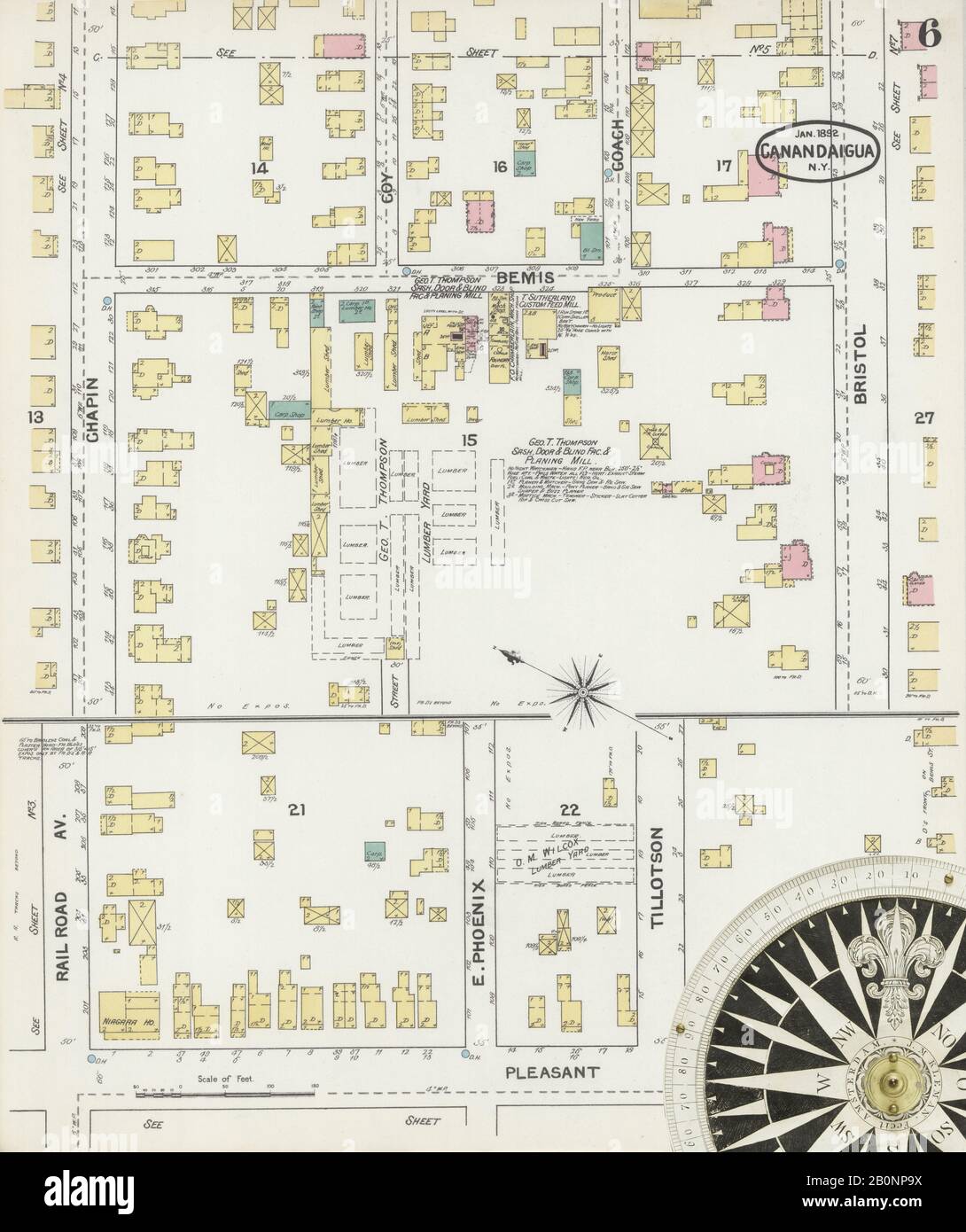 Bild 6 von Sanborn Fire Insurance Map aus Canandaigua, Ontario County, New York. Januar 1892. 9 Blatt(e), Amerika, Straßenkarte mit einem Kompass Aus Dem 19. Jahrhundert Stockfoto