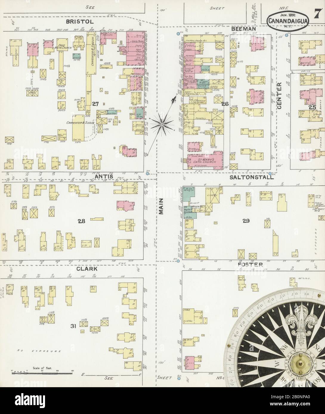 Bild 7 von Sanborn Fire Insurance Map aus Canandaigua, Ontario County, New York. Januar 1892. 9 Blatt(e), Amerika, Straßenkarte mit einem Kompass Aus Dem 19. Jahrhundert Stockfoto