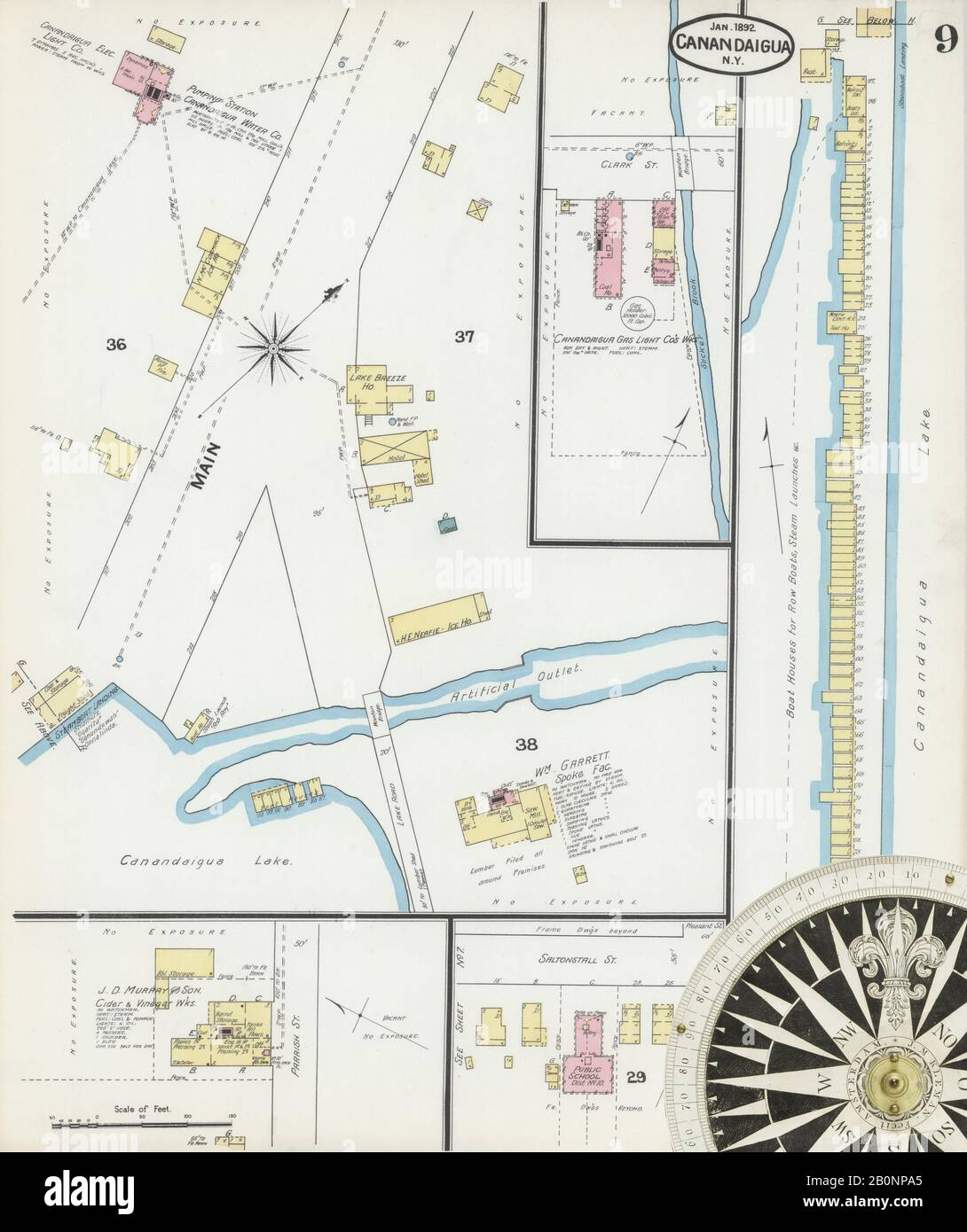 Bild 9 von Sanborn Fire Insurance Map aus Canandaigua, Ontario County, New York. Januar 1892. 9 Blatt(e), Amerika, Straßenkarte mit einem Kompass Aus Dem 19. Jahrhundert Stockfoto