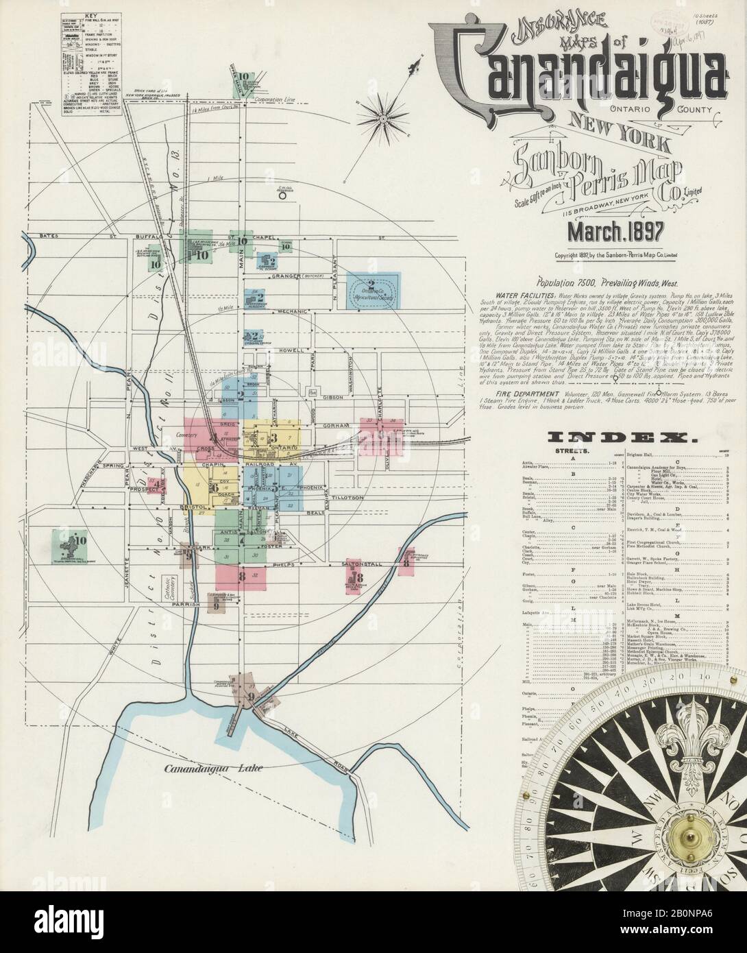 Bild 1 von Sanborn Fire Insurance Map aus Canandaigua, Ontario County, New York. März 1897. 10 Blatt(e), Amerika, Straßenkarte mit einem Kompass Aus Dem 19. Jahrhundert Stockfoto