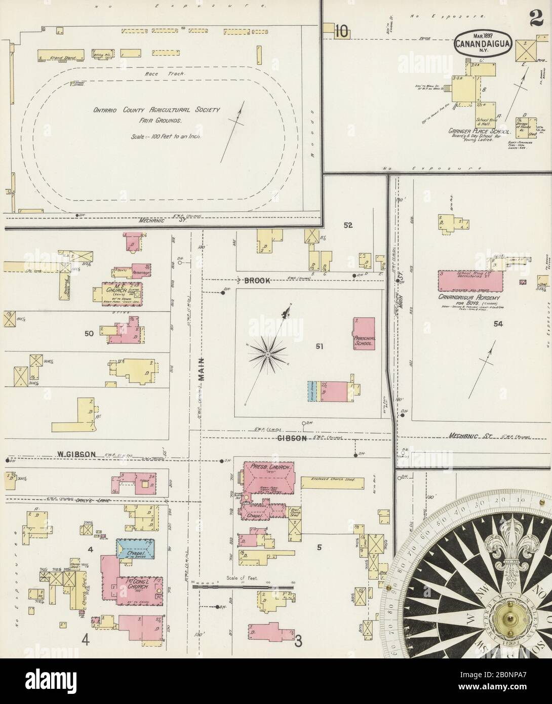 Bild 2 von Sanborn Fire Insurance Map aus Canandaigua, Ontario County, New York. März 1897. 10 Blatt(e), Amerika, Straßenkarte mit einem Kompass Aus Dem 19. Jahrhundert Stockfoto
