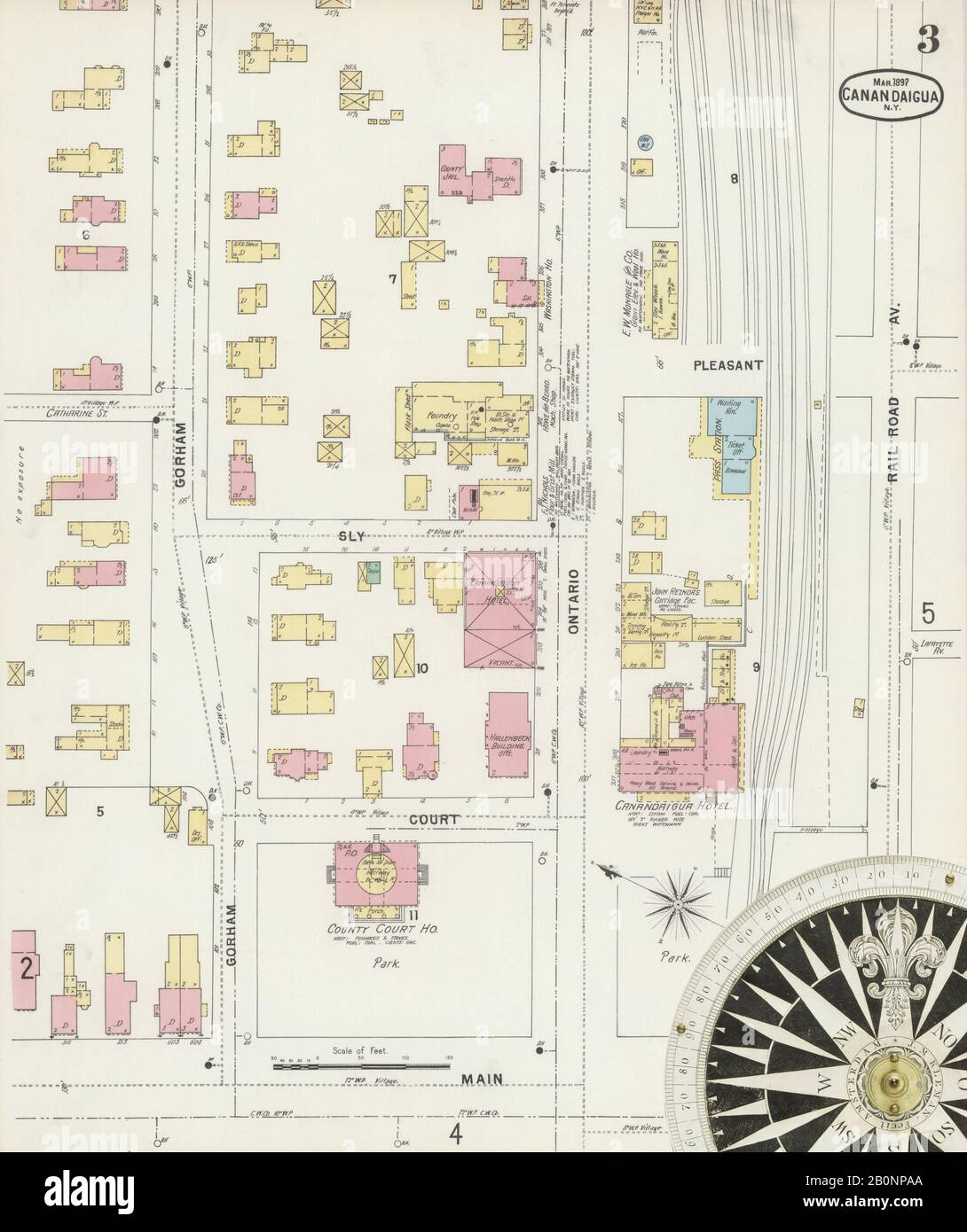 Bild 3 von Sanborn Fire Insurance Map aus Canandaigua, Ontario County, New York. März 1897. 10 Blatt(e), Amerika, Straßenkarte mit einem Kompass Aus Dem 19. Jahrhundert Stockfoto