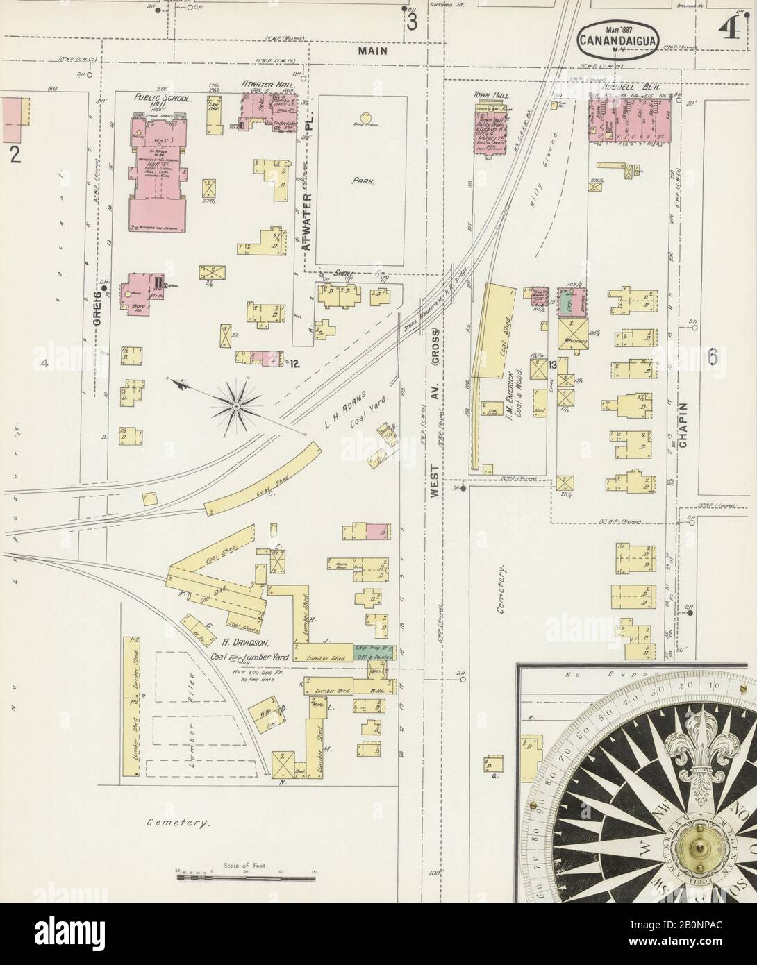Bild 4 von Sanborn Fire Insurance Map aus Canandaigua, Ontario County, New York. März 1897. 10 Blatt(e), Amerika, Straßenkarte mit einem Kompass Aus Dem 19. Jahrhundert Stockfoto