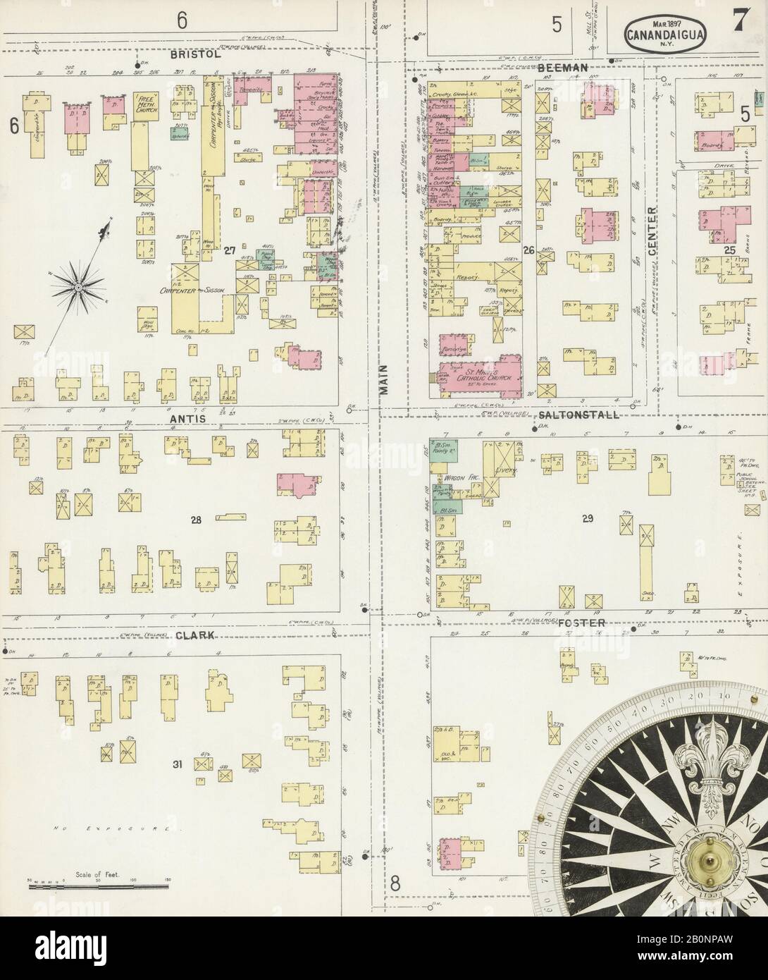 Bild 7 von Sanborn Fire Insurance Map aus Canandaigua, Ontario County, New York. März 1897. 10 Blatt(e), Amerika, Straßenkarte mit einem Kompass Aus Dem 19. Jahrhundert Stockfoto