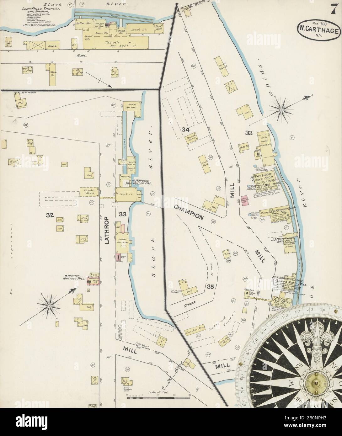 Bild 7 von Sanborn Fire Insurance Map aus Carthage, Jefferson County, New York. Mai 1890. 7 Blatt(e), Amerika, Straßenkarte mit einem Kompass Aus Dem 19. Jahrhundert Stockfoto