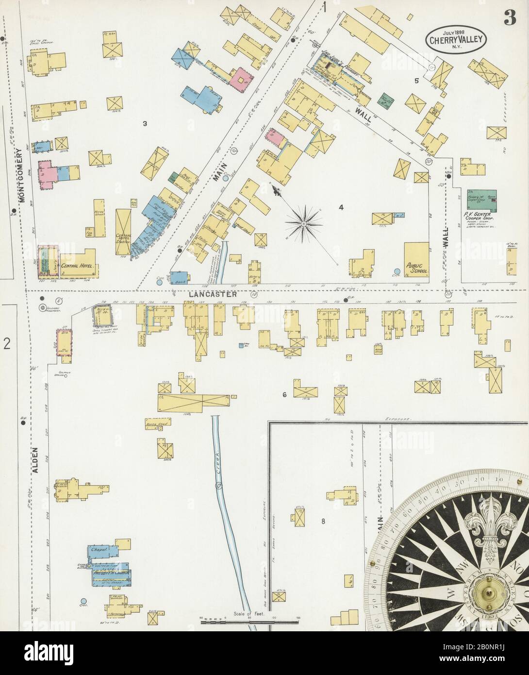 Bild 3 von Sanborn Fire Insurance Map aus Cherry Valley, Otsego County, New York. Juli 1898. 3 Blatt(e), Amerika, Straßenkarte mit einem Kompass Aus Dem 19. Jahrhundert Stockfoto