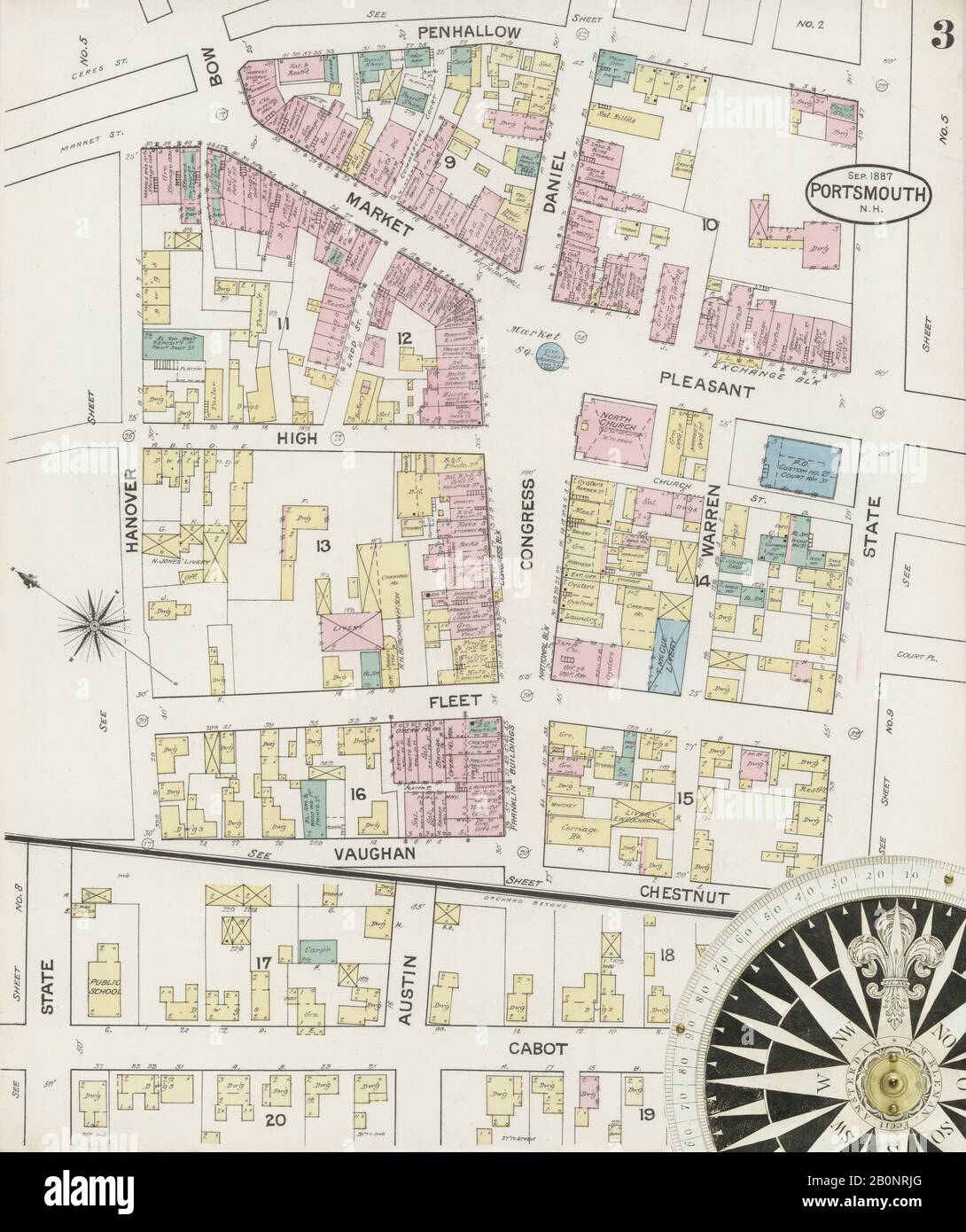 Bild 3 von Sanborn Fire Insurance Map aus Portsmouth, Rockingham County, New Hampshire. Oktober 1887. 10 Blatt(e), Amerika, Straßenkarte mit einem Kompass Aus Dem 19. Jahrhundert Stockfoto